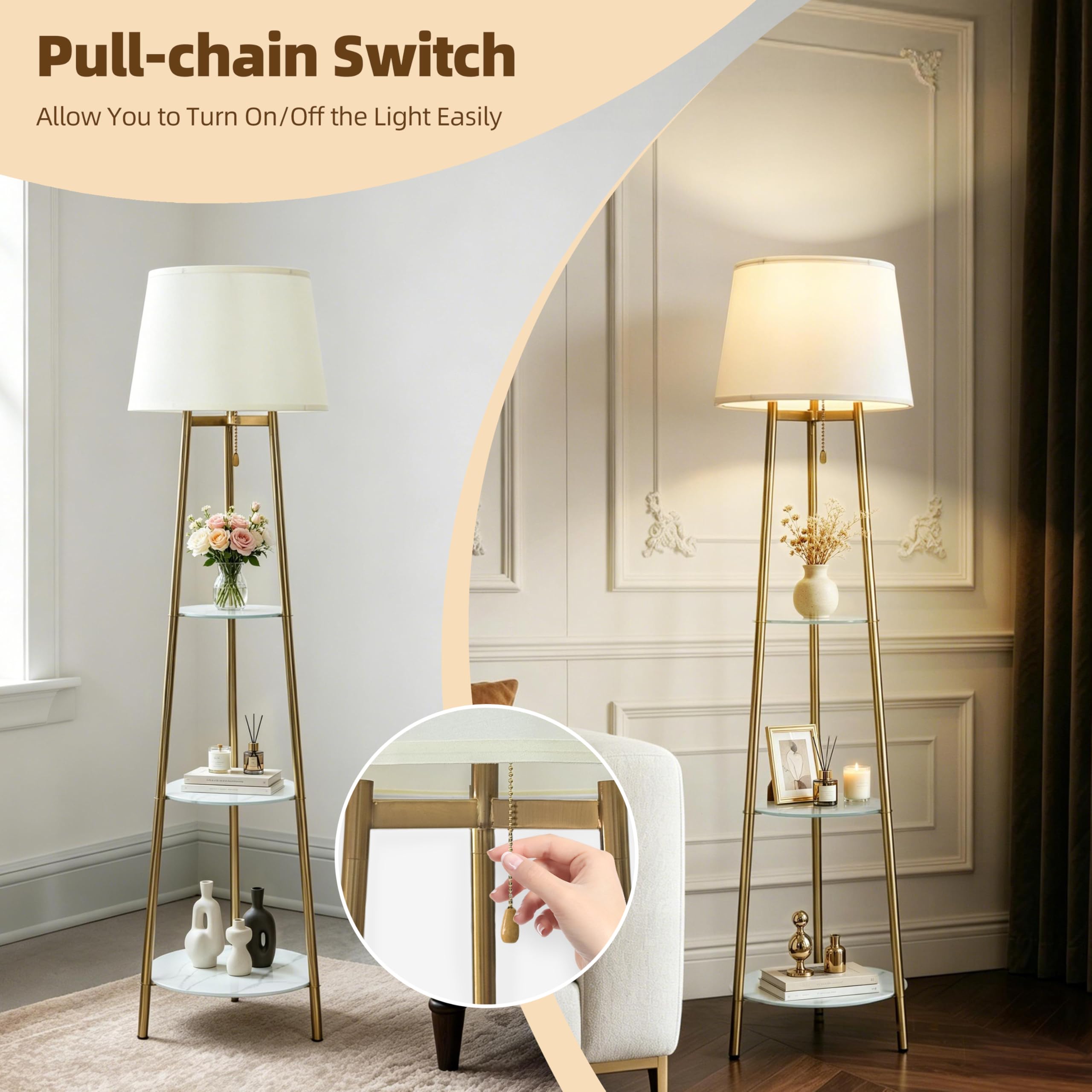 Lampadaire Trépied Métal avec 3 Étagères Verre Trempé LED 35x147cm | 3 Températures de Couleur 2700K/4500K/6500K, Abat-Jour en Lin, Pour Salon, Chambre, Bureau, Ampoule Incluse