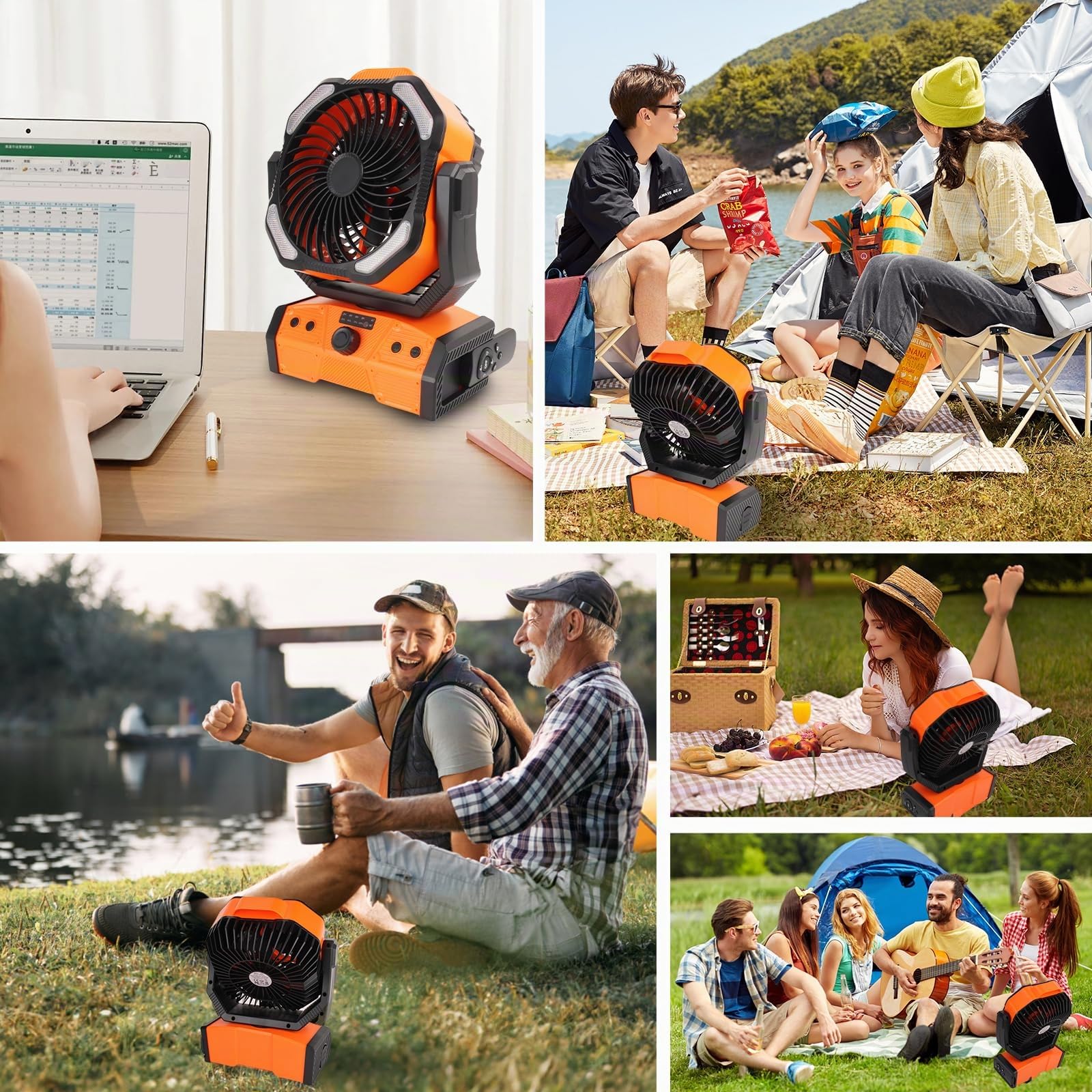 ELZO - Ventilatore da campeggio 30.000 mAh con luce LED, funzionamento max 70 h, senza fili, portatile, ricaricabile, ventilatore USB con gancio a distanza, rotazione della testa, velocità continua