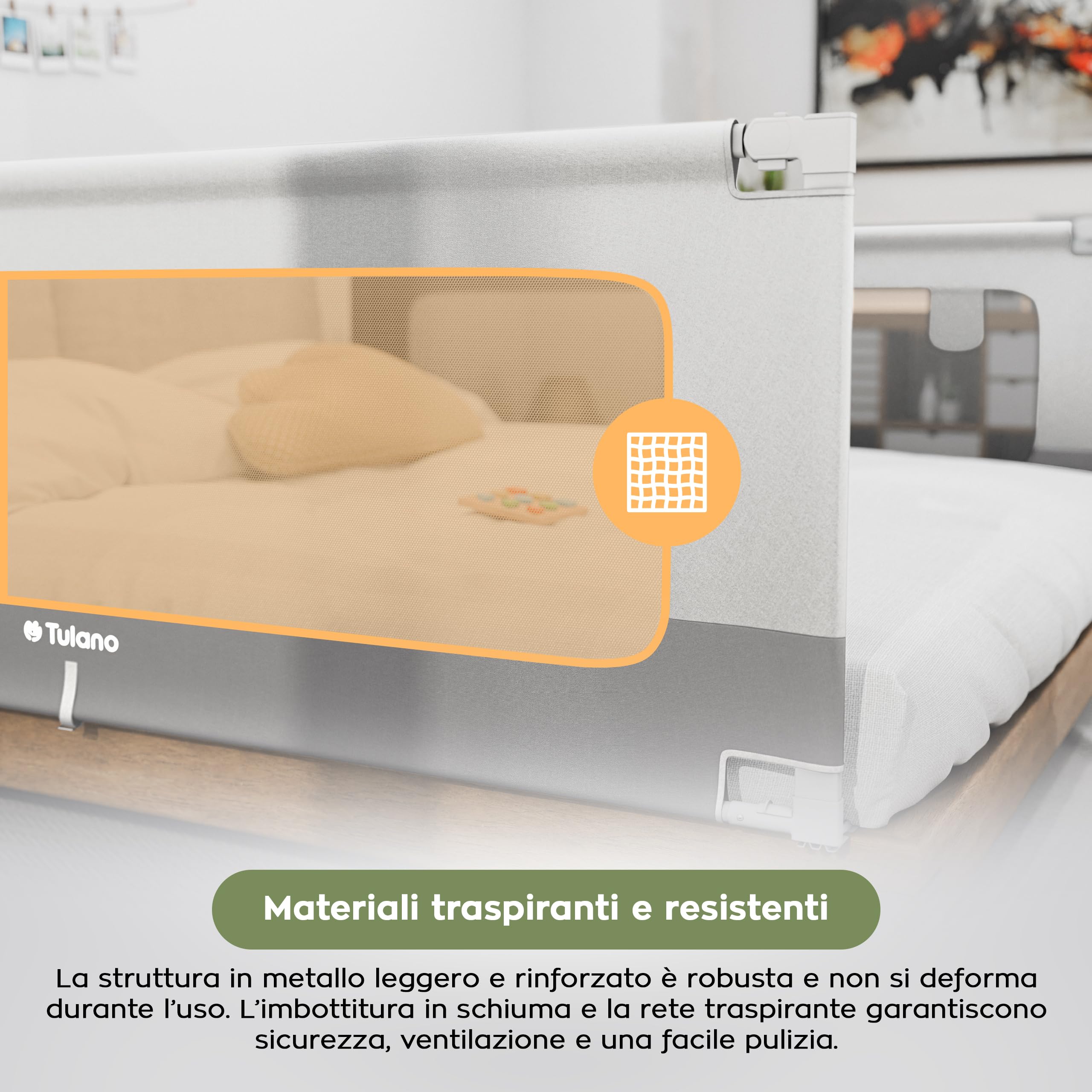 TULANO Cover 48 Barriera di sicurezza letto 180 cm – 18 livelli regolazione altezza – per materassi 10-28 cm – tessuto traspirante – angoli arrotondati – facile montaggio – bianco