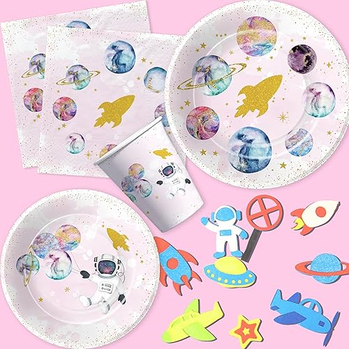Miniatura 4 de Vajilla para decoración de cumpleaños del espacio exterior para niñas, suministros de fiesta temática de astronautas de galaxia, planeta espacial,