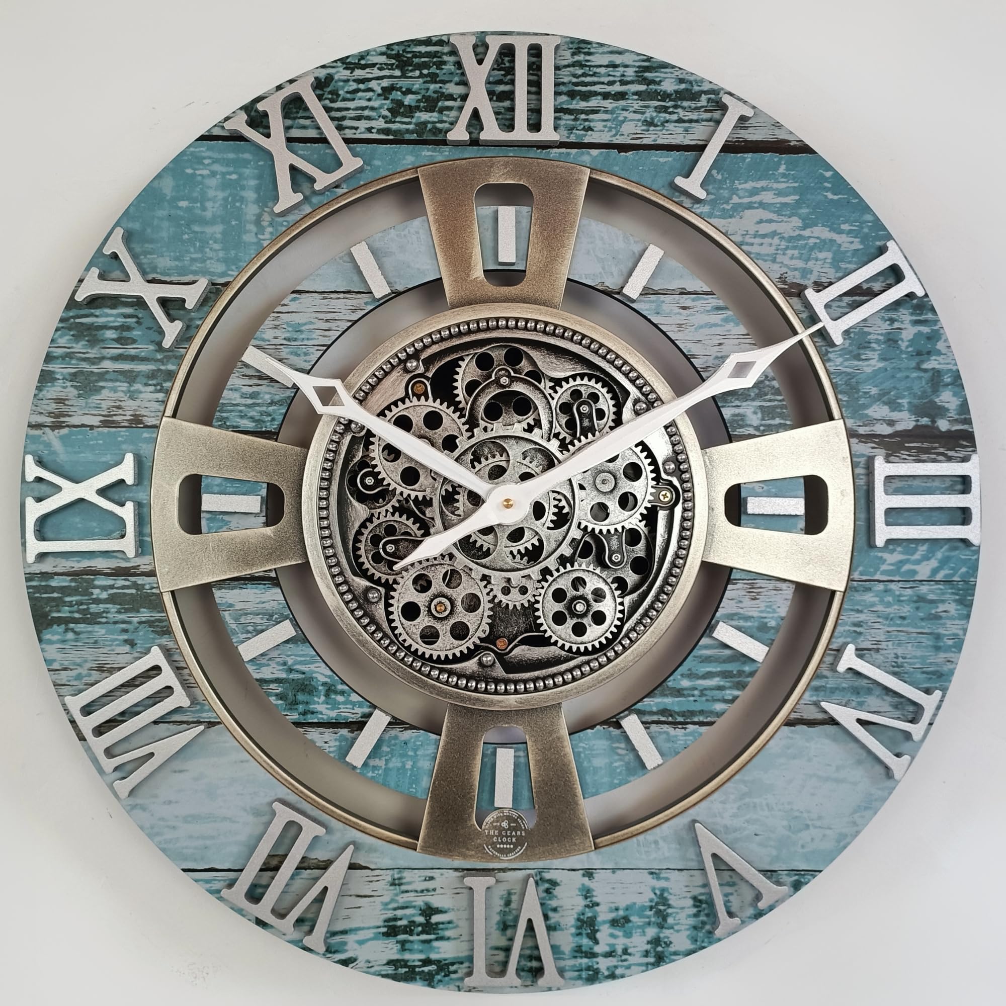 ImprovingLife The Gears Clock Real Moving Gear Wanduhr England Line (Aqua Green, 60 cm)