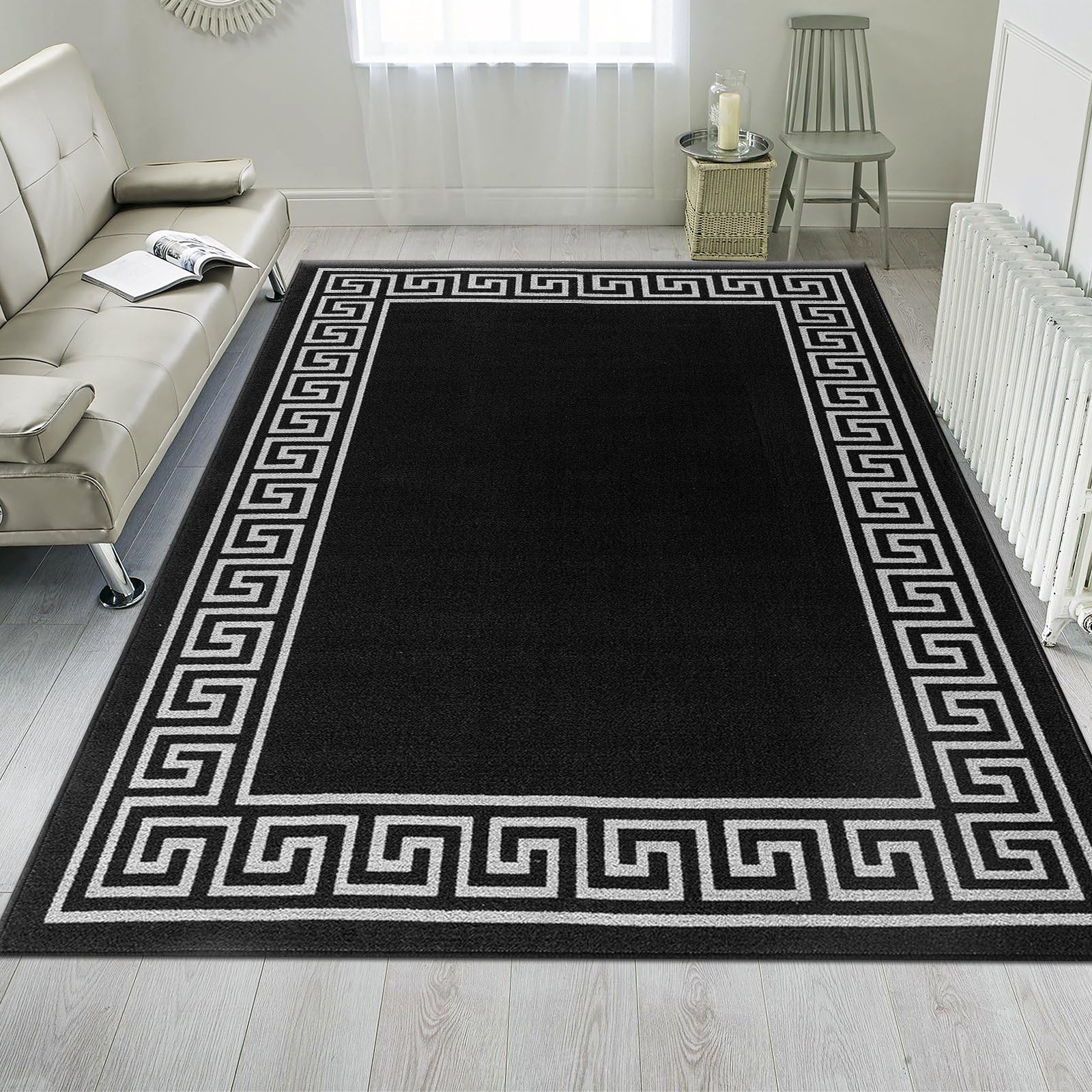 renoazul® Rugs for Living Room with Large Heavy Duty, Non-Slip and Washable, Geometric Non-Shed Low Pile Bedroom Decor, Kitchen and Hallway Anti slip Rug | 160 x 230 cm, Greeky Rug - Black & Grey