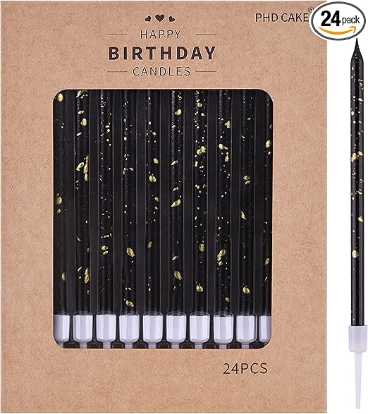 PHD CAKE Black Gold Long Thin Birthday Candles, Cake Candles, Birthday Parties, Wedding Decorations, Party Candles