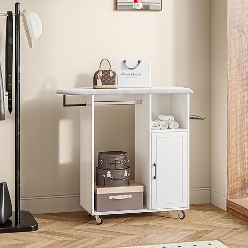 Miniatura 3 de Tabla de planchar rodante con gabinete de almacenamiento, gabinete de planchado de madera multiusos con ruedas, mesa de planchar con esponja