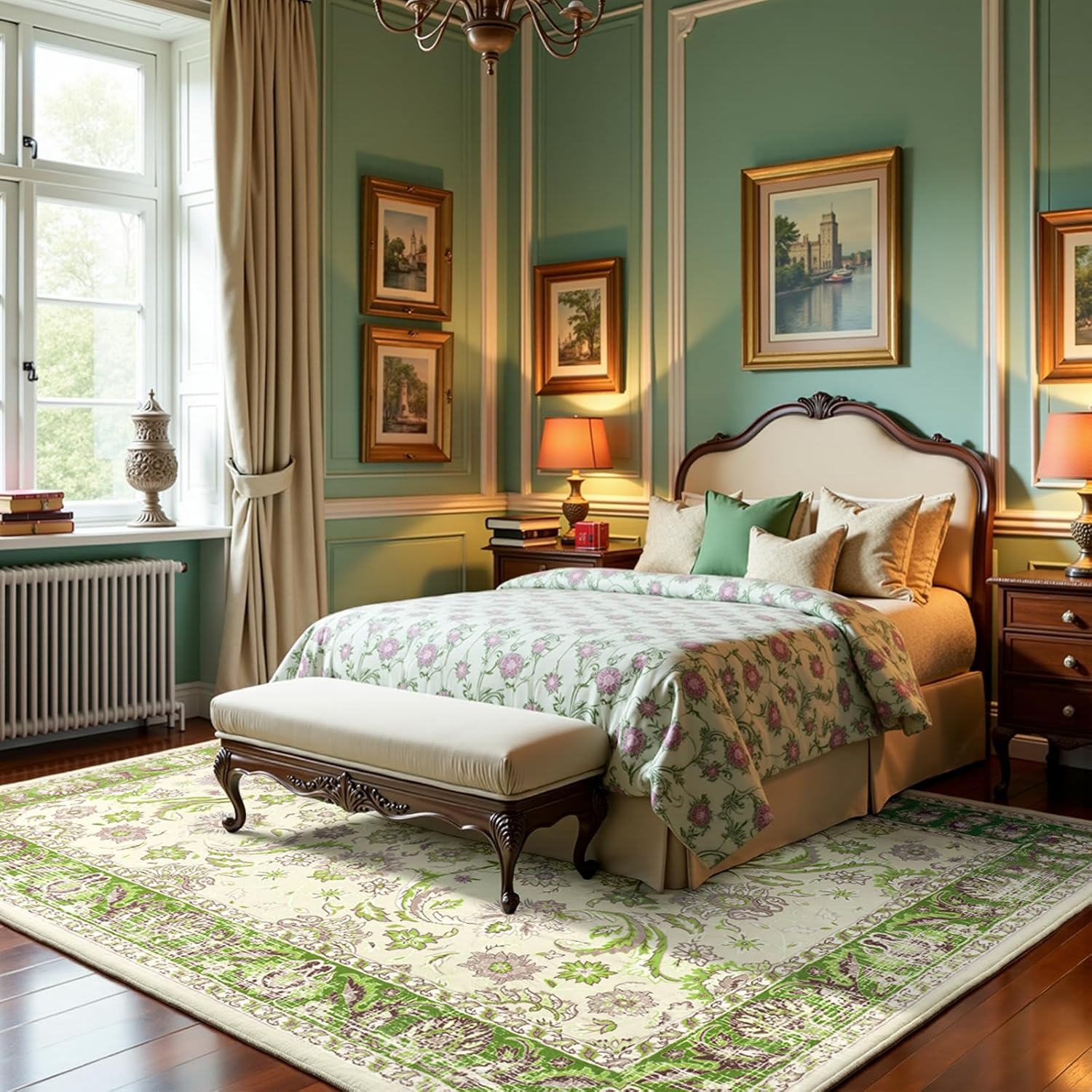 Zentavio 5x7 Washable Area Rugs, Vintage Non-Slip Floral Living Room Rug, Indoor Foldable Floor Thin Low Pile Carpet for Farmhouse Bedroom Dining Room Green