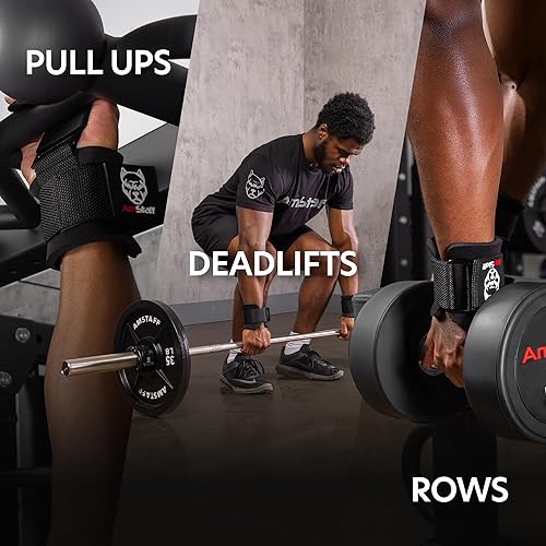 Miniatura 5 de AmStaff Fitness Ganchos de levantamiento de pesas (par) - Correas de muñeca de gimnasio con ganchos de acero para levantamiento de pesas, dominadas,
