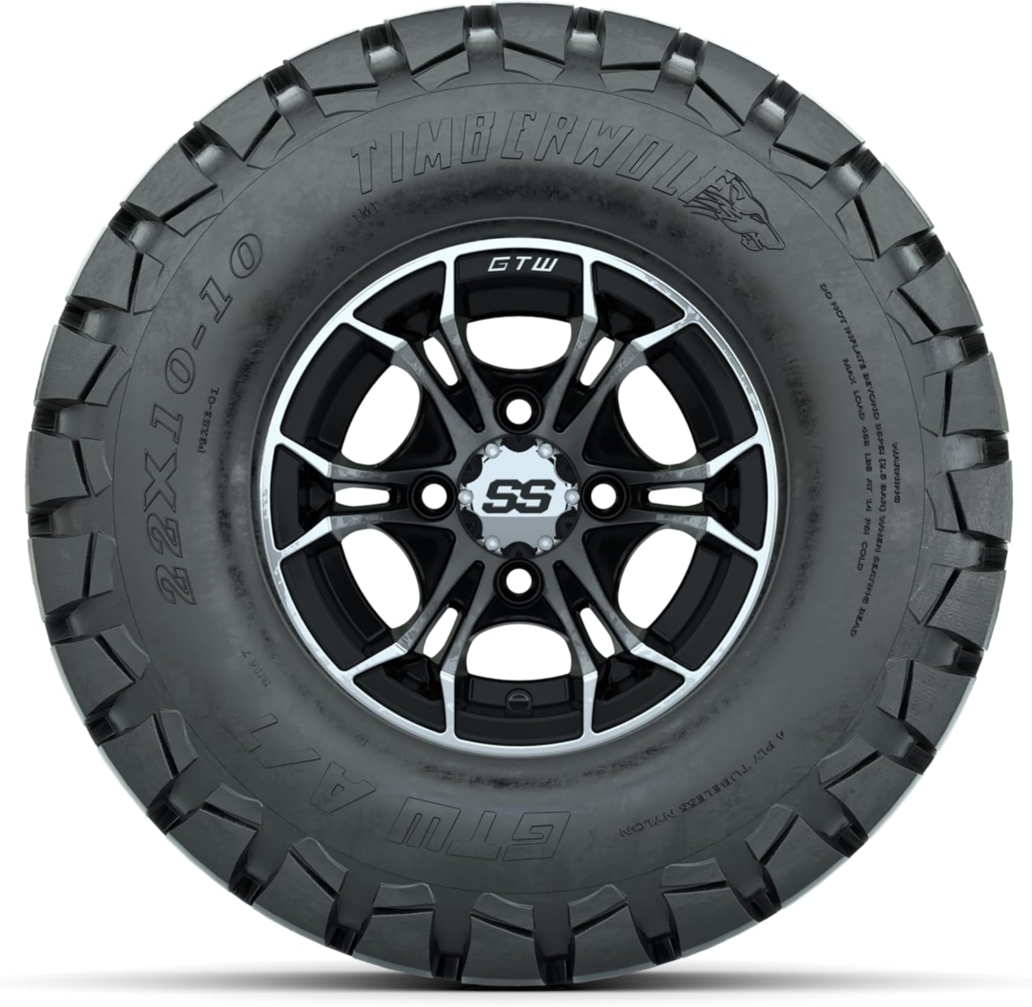 GTW 10 Inch Golf Cart Wheels and Tires Combo | GTW Spyder Machined/Black Wheels on 22x10-10 (22") Timberwolf All Terrain Tires | Set of 4