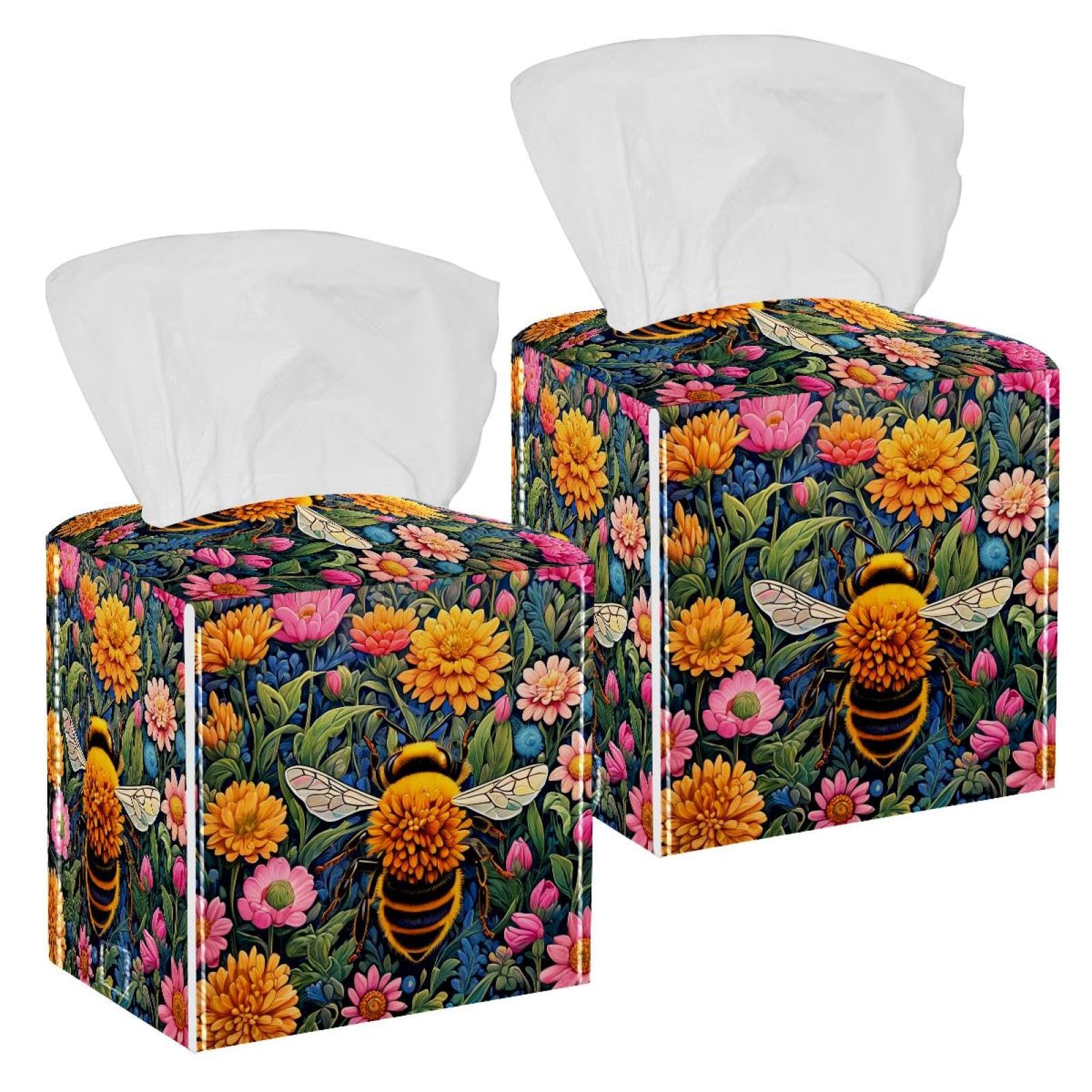 Color Drawing Bee Tissue Box Cover, 2 Pack PU Leather Square Facial Tissue Dispenser Box holder for Home Office Car