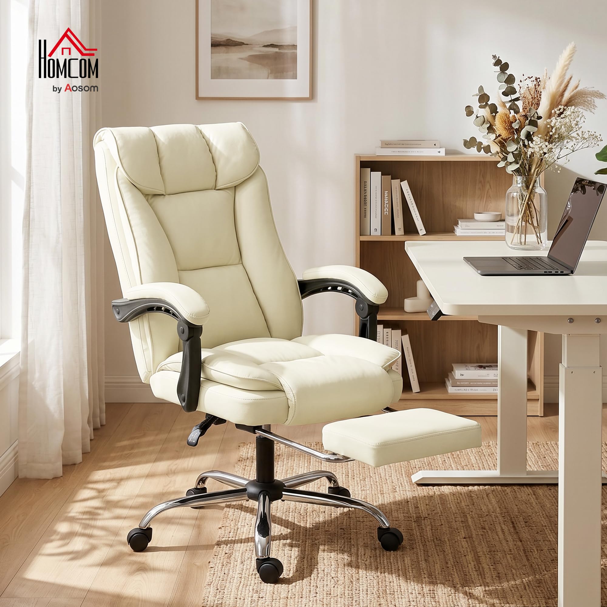 HOMCOM Bürostuhl Ergonomischer Schreibtischstuhl mit Fußstütze, Beige | Verstellbare Rückenlehne, Höhenverstellbarer Drehstuhl, Tierfreundlich Kunstleder, Doppel Gepolstert, Computerstuhl