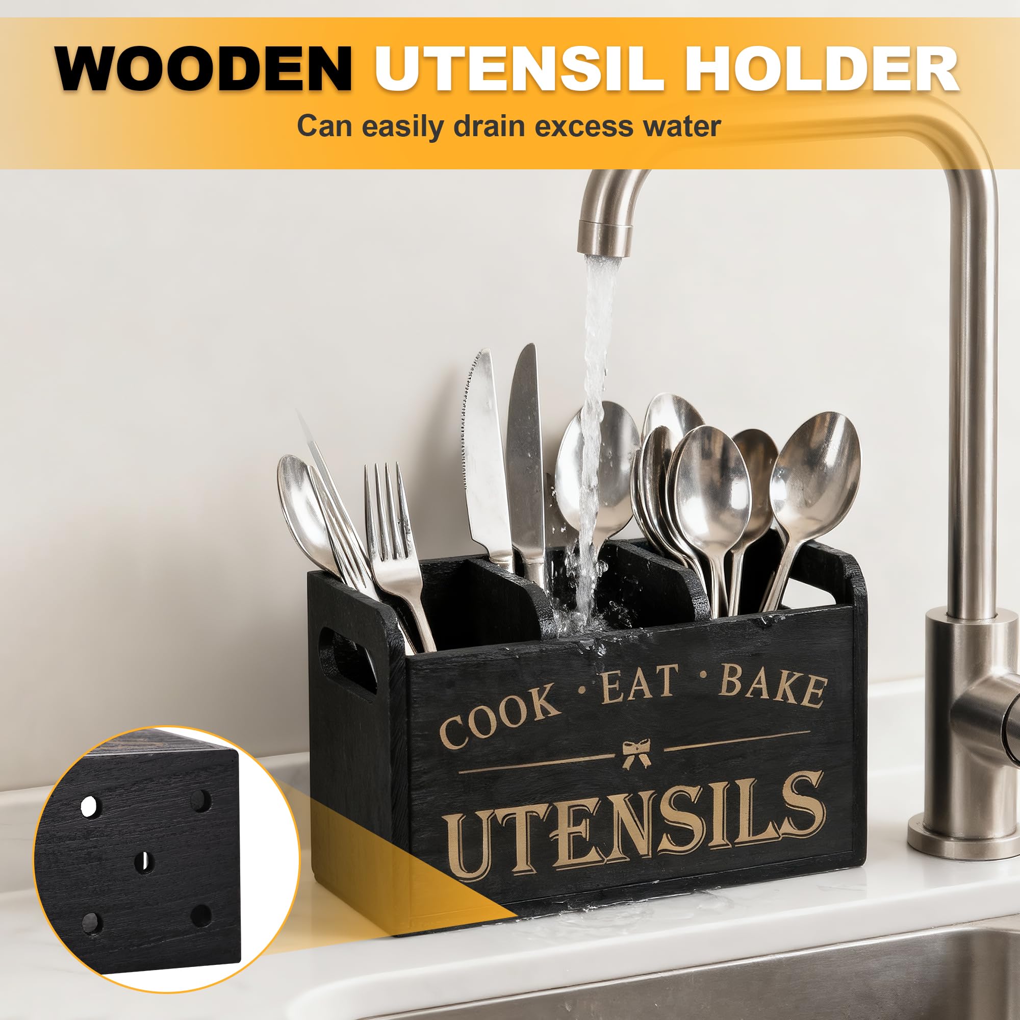 Zocipro Küchen Utensilien Halter aus Holz mit Abflusslöchern, 3 Fächer fester Kitchen Utensilhalter für Küchentheke, Kochwerkzeuge für Bauernhäuser für Arbeitsplatten, Schwarz