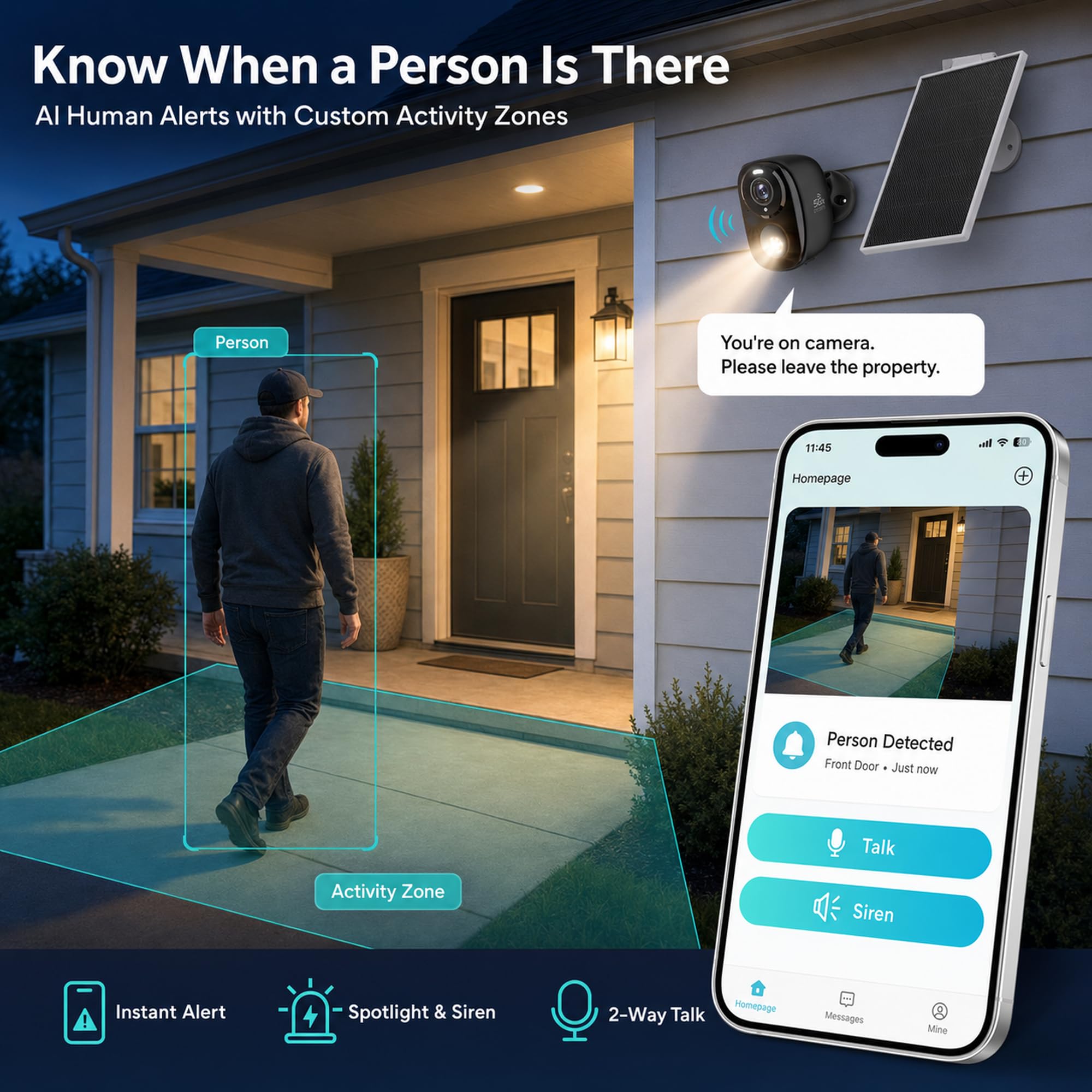 Lot de 4 caméras de sécurité d'extérieur sans fil 2K solaires sans fil avec Wi-Fi 5 GHz/2,4 GHz, détection de mouvement AI, vision nocturne couleur, audio bidirectionnel, IP65, stockage SD