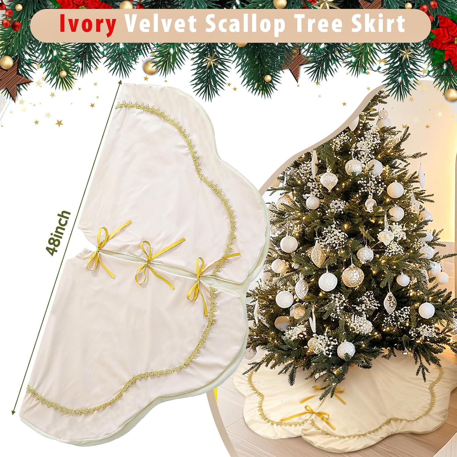 Christmas Tree Skirt 48 Inch Ivory Velvet Fur Scallop Tree Skirt Sparking Gold Lace Trim for Party Rustic Xmas Holiday Decorations All Year