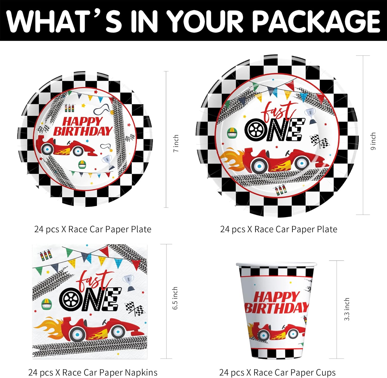 Xigejob Race Car 1st Birthday Party Supplies - Race Car Theme Fast One Birthday Decorations Tableware, Paper Plate, Napkin, Cup, Tablecloth, Disposable Cutlery | Serves 24 - Image 2