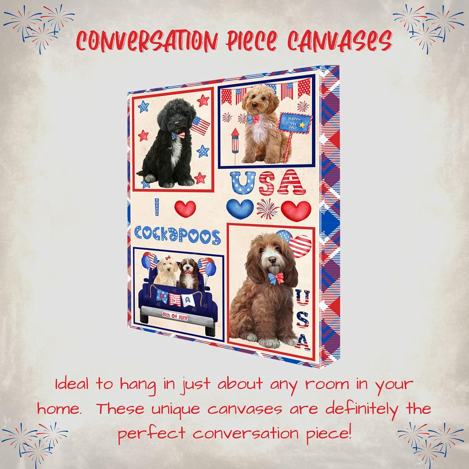 I Love USA with Cockapoo Dogs Canvas Wall Art - Premium Quality Ready to Hang Room Decor - Pecan Floating Framed 16" x 16"