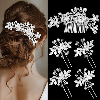 Chanaco Wedding Bridal Hair Accessories 5Pcs Wedding Hair Pieces for Brides Silver Hair Pins Hair Comb Set Bride Accessory for Women Non Slip Rhinestone Cystal Pearl Headpiece Decorations
