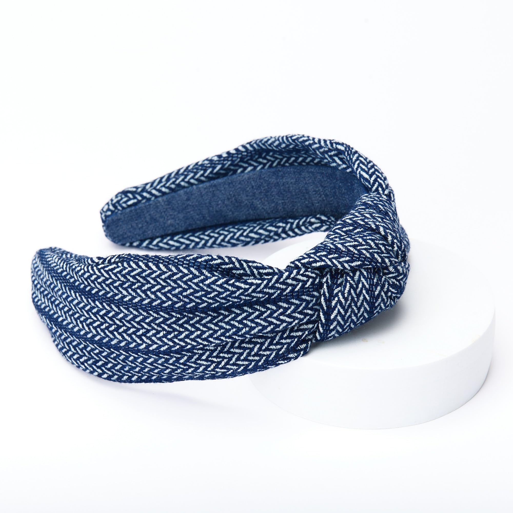 FunCosta Knotted headband for women, hair twist wide headband. Hand-sewed. (Dark Denim Grid)