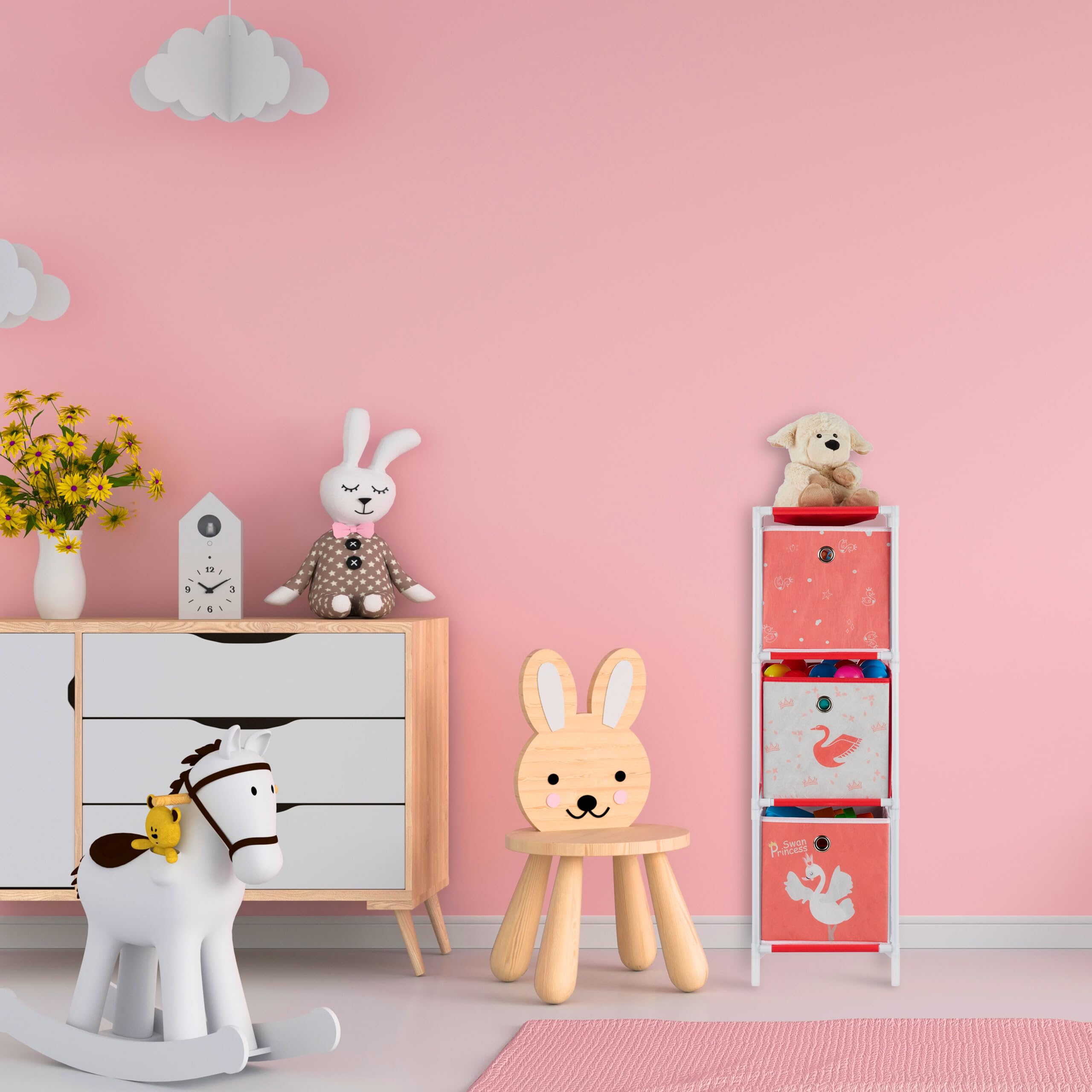 Relaxdays Scaffale per Giocattoli con 3 Scatole, Bambini Bambine Design Swan Princess HBT 89x27,5x30 cm, Bianco/Rosso