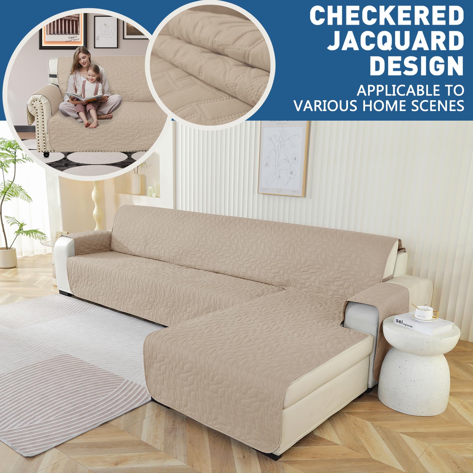 Ystyle Copridivano 3 Posti con Penisola, Angolare con Penisola A Sinistra Destra, Chaise Longue, L 255cm, Beige
