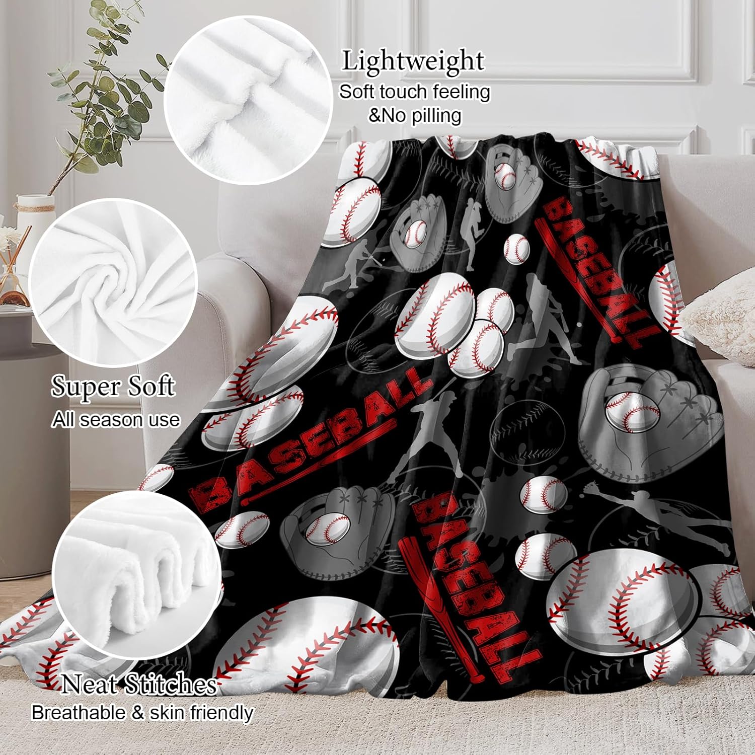 Baseball Blanket for Boys Men, Baseball Gifts for Boys Men, Soft Baseballs Gift for Room Decor Bedding 50x60 in