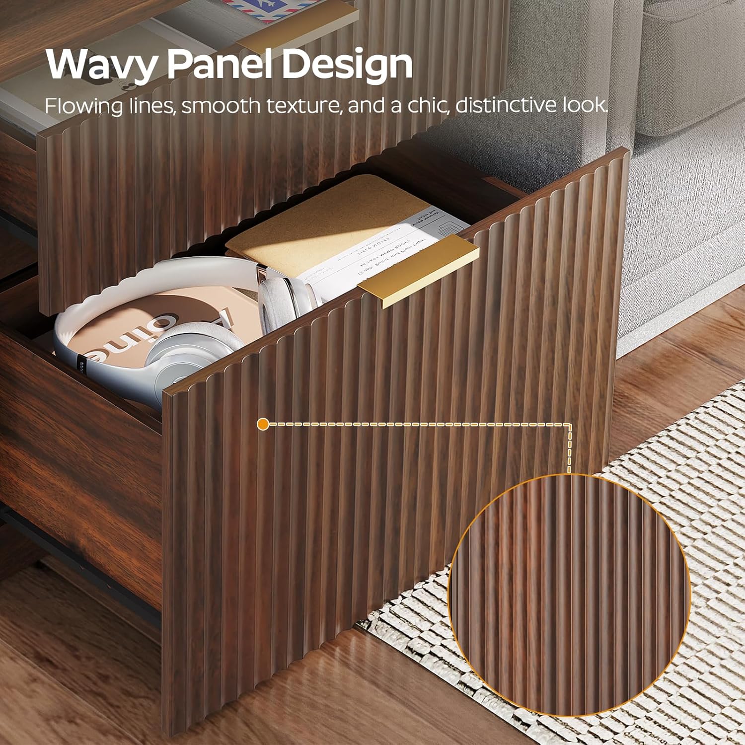 Fluted Nightstand with Charging Station, Bedside Table with LED and 2 Drawers, Natural End Table with Storage, Modern Night Stand for Bedroom, Walnut ET14UDWL