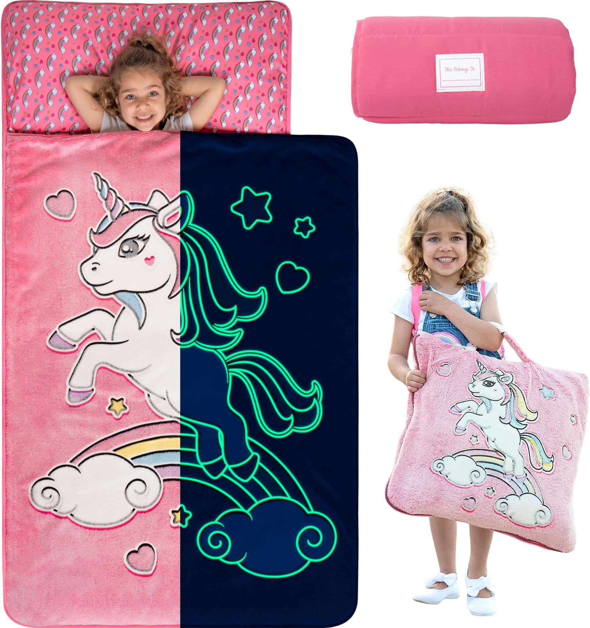 Glow in The Dark - Unicorn Girls Nap Mat, Nap Mats for Preschool Girls, Toddler Nap Mats for Daycare, Kids Nap Mat with Pillow and Blanket, Toddler Girls Sleeping Bag, Ages 2 3 4 5 6 7 8 Year