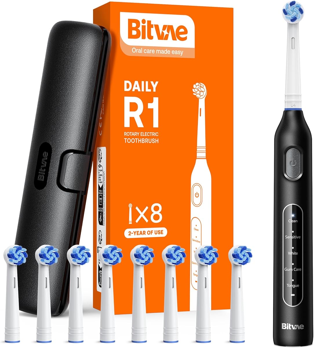 Bitvae Rotating Electric Toothbrush with 8 Brush Heads for Adults and Kids, Travel Case, 5 Modes Rechargeable Power Toothbrush with 2-Minute Smart Timer, 60-Day Battery Life, Black