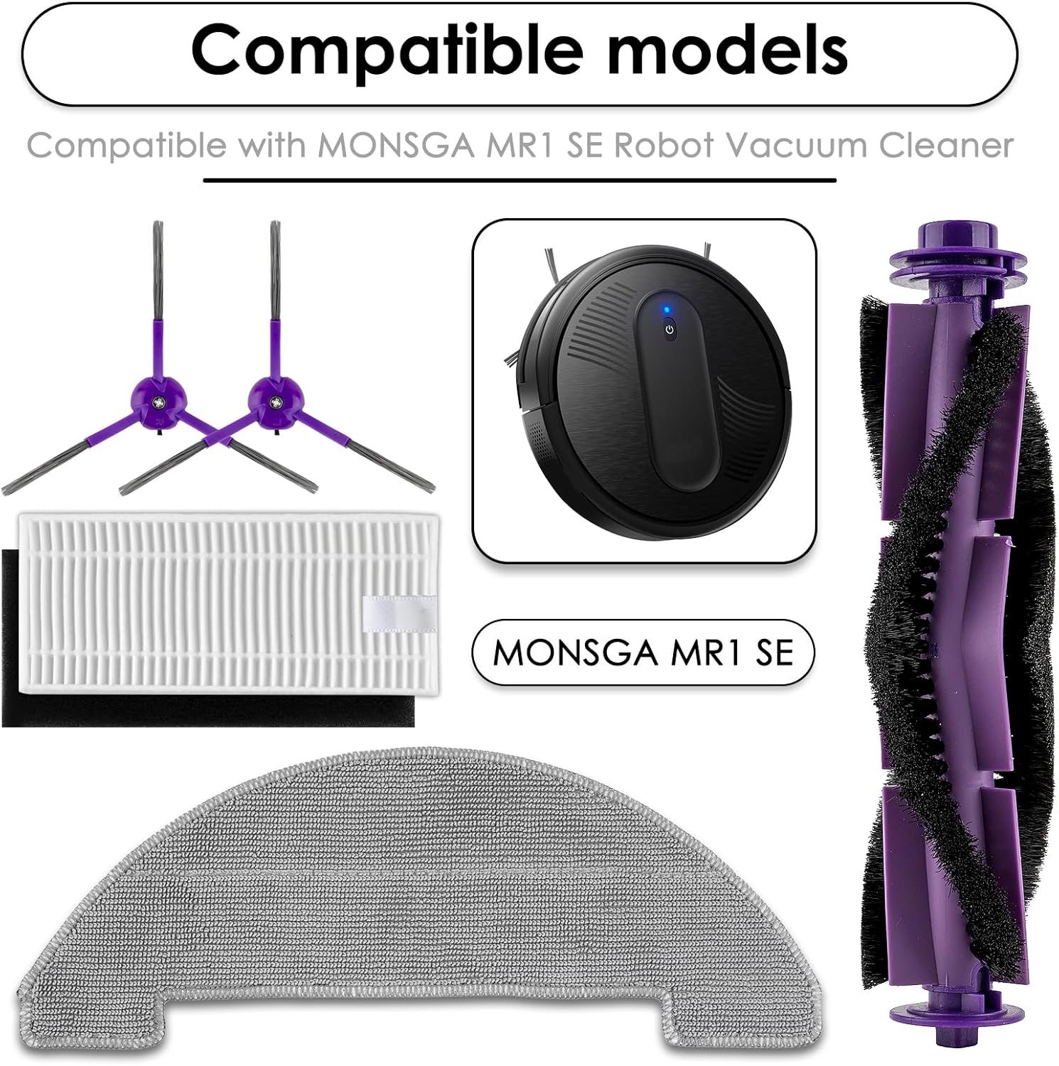 (11 Pack) MR1 SE Replacement Parts Compatible with MONSGA MR1 SE Robot Vacuum Cleaner, 1 Roller Brush, 4 Side Brushes, 4 HEPA Filters with Foam Filters, 2 Mop Pads, Accessories Kit