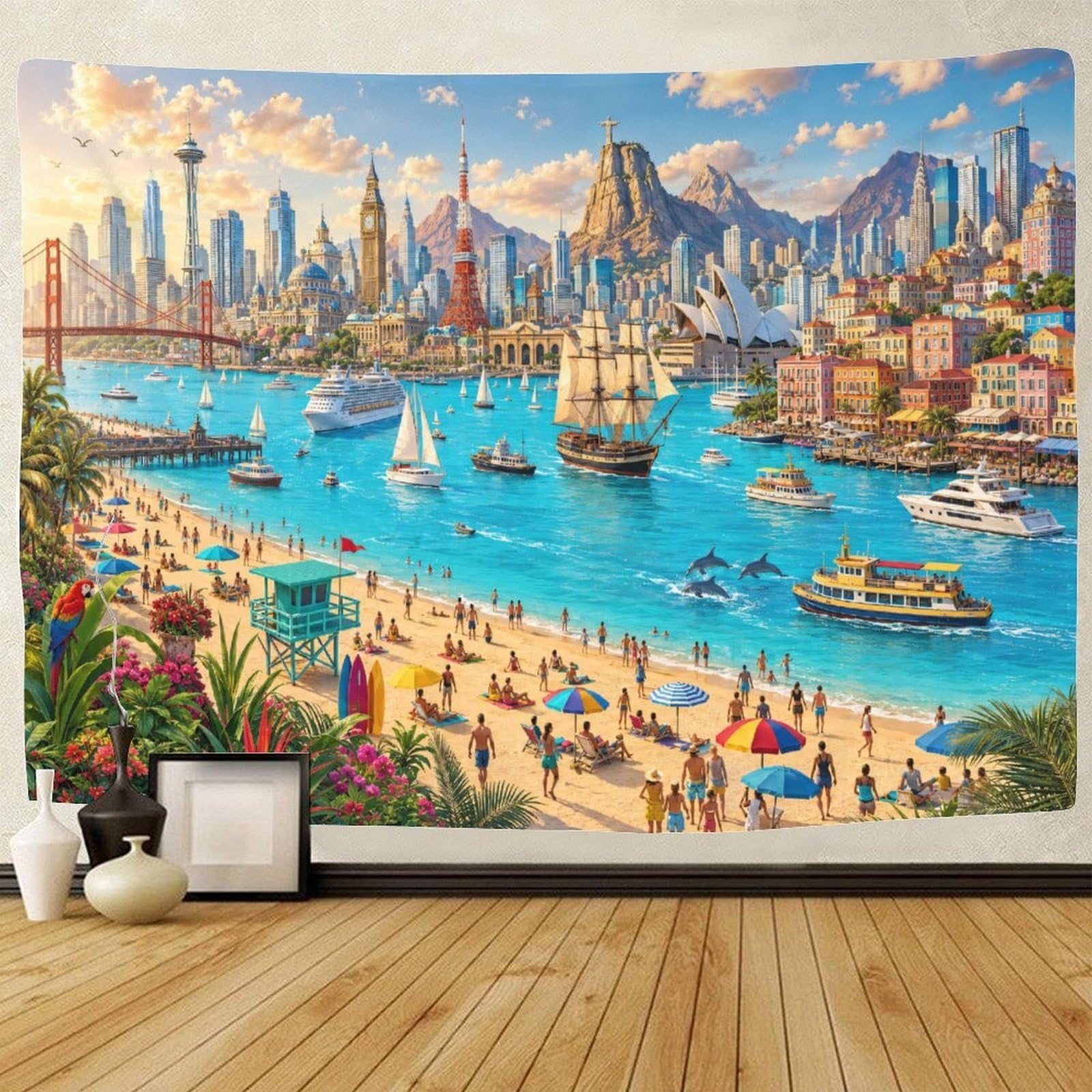 GPMNBCXZK World Famous Landmarks Collage Wall Hanging Decor Wall Art Decor 3D Print Tapestry Tapestries Poster Home Decoration Bedroom College Dorm 100cmx150cm