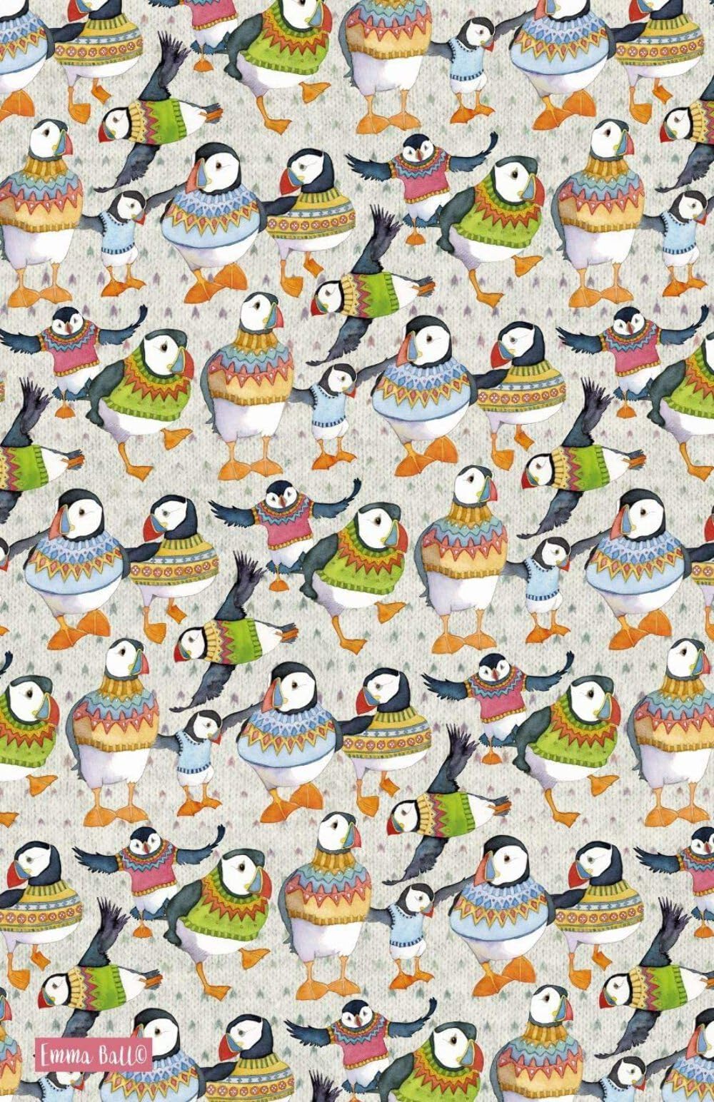 Emma Ball Orange And Black Puffin Pattern Woolly Puffins Cotton Tea Towel