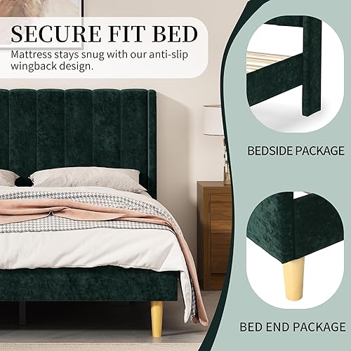 Miniatura 8 de Base de cama tapizada con cabecero y listones de madera fuertes, no necesita somier, pie de madera silencioso fácil de montar (verde tinta, Queen)