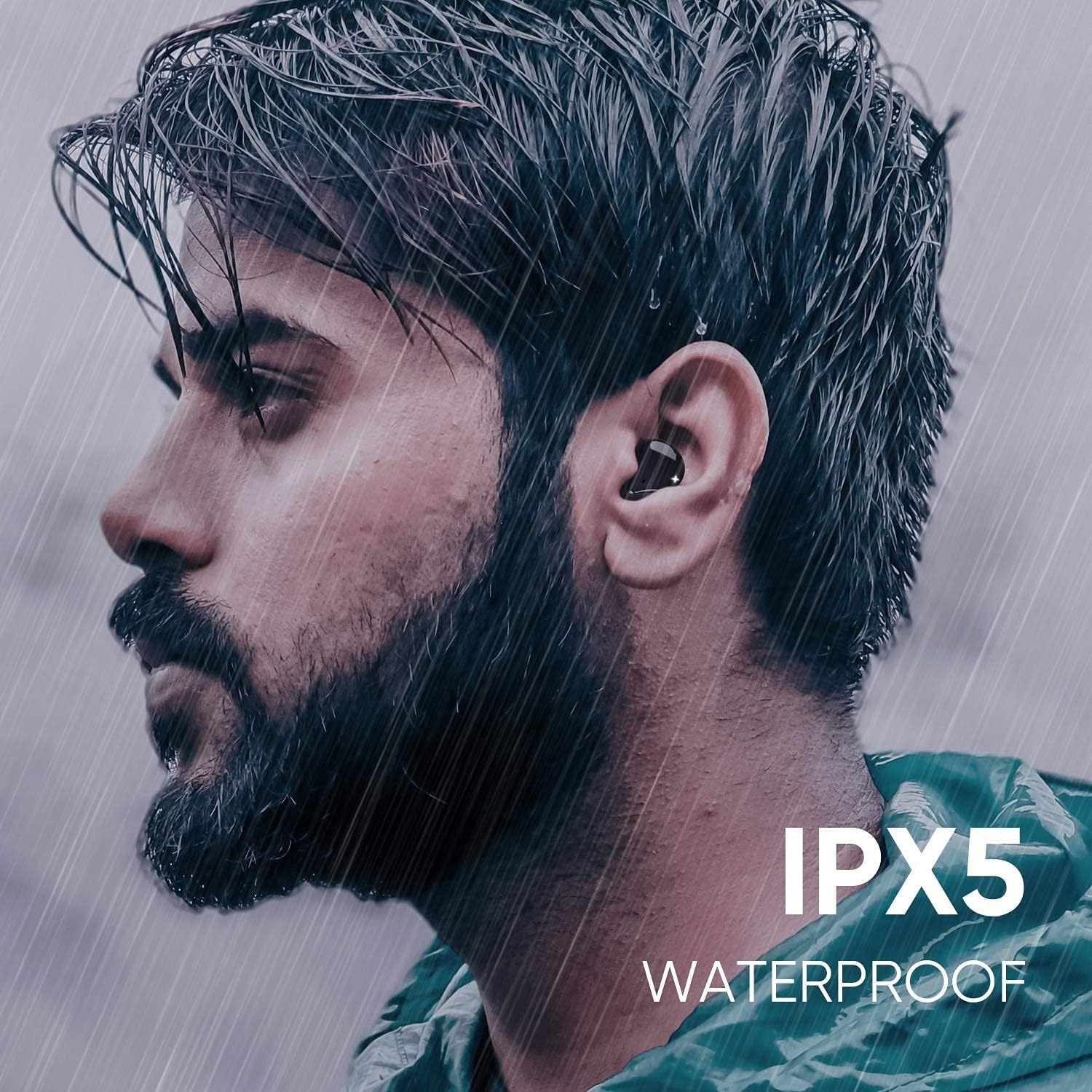 A person wearing an ABKO EF02 earbud in the rain, demonstrating its IPX5 waterproof rating.