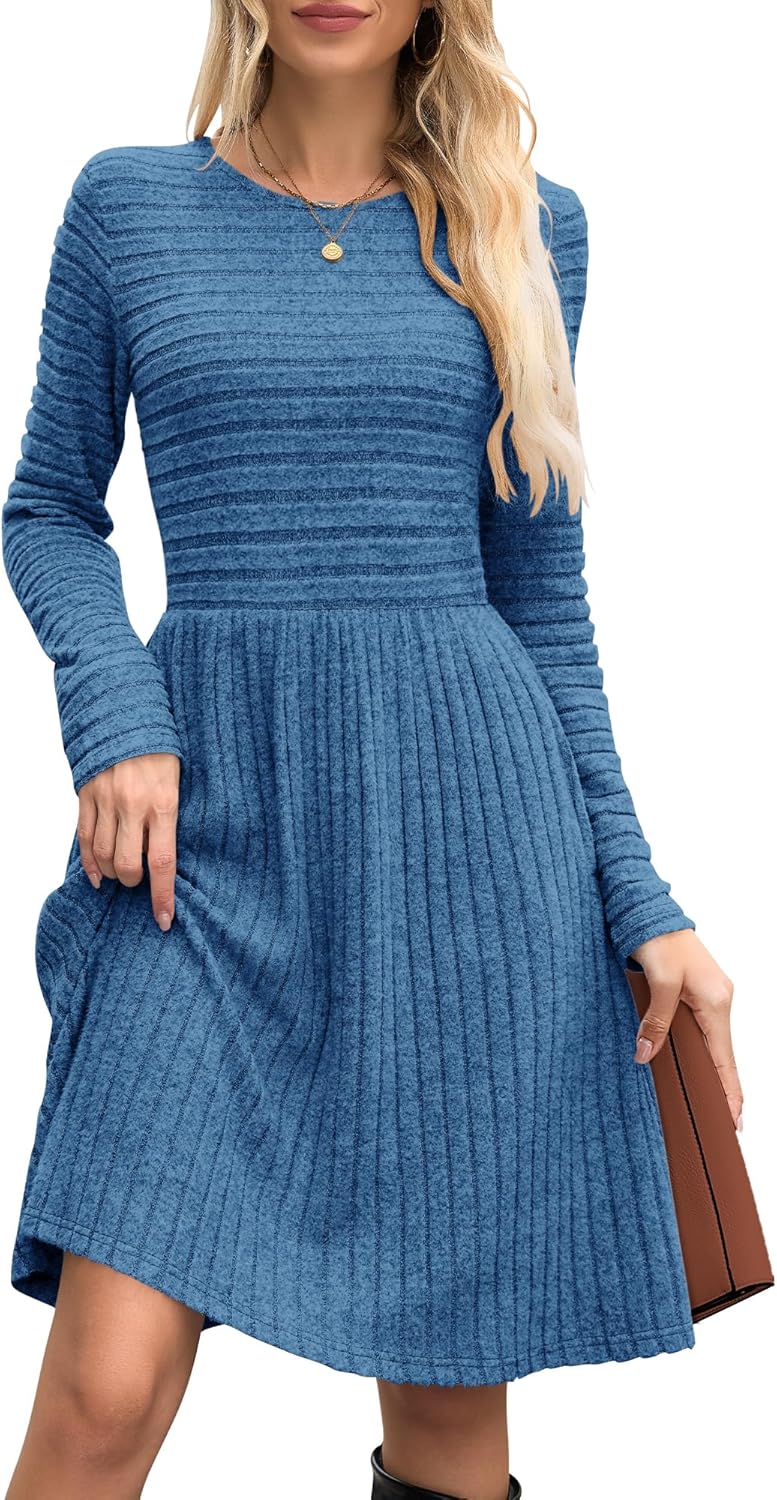 WNEEDU Fall Dresses for Women 2025 Long Sleeve Sweater Dress with Pockets - Casual Knit Crew Neck Winter Outfits