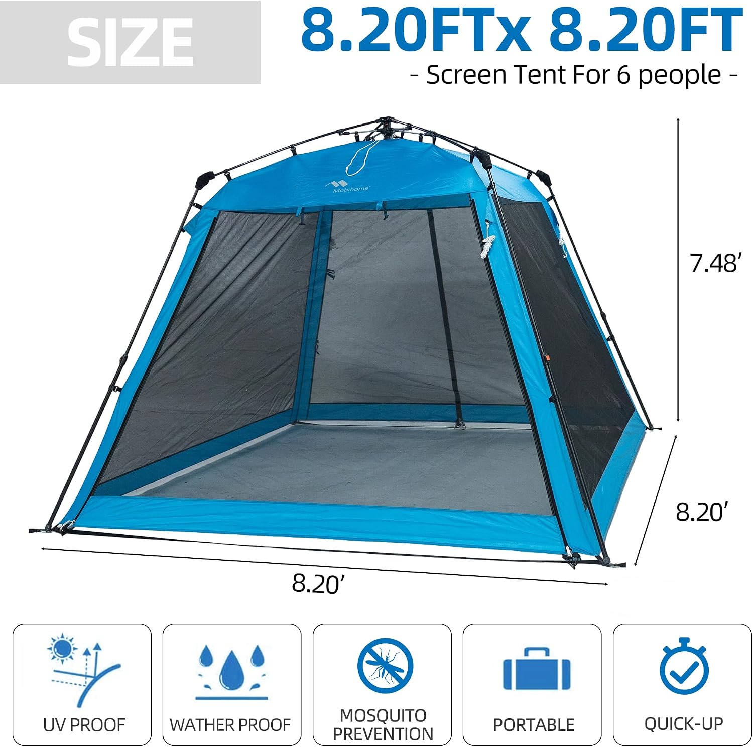 Pop Up Screen House Gazebo 8.2'x8.2'x75'' – Instant Portable Canopy with Mosquito Netting & UPF Sun Protection, Tool-Free 1-Minute Setup, Foldable Outdoor Tent for Backyard, Camping, Garden.Blue