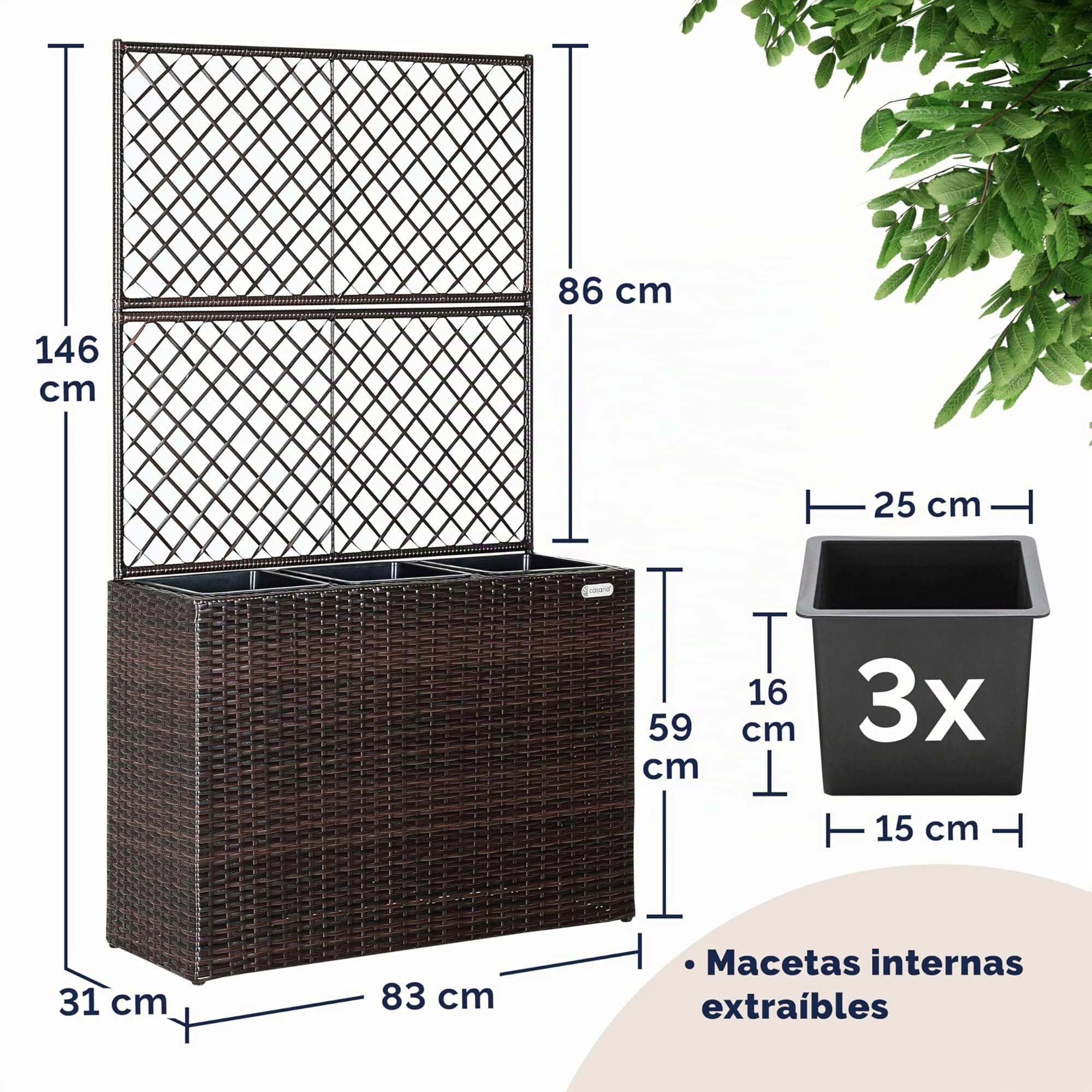 CASARIA® Macetero Exterior con 3 Macetas Internas Extraíbles con Drenaje de Agua Jardinera Poliratán con Enrejado 146x83x30,5cm Marrón