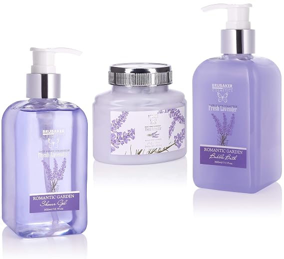 BRUBAKER Cosmetics Relaxing at Home Spa Gift Basket - Fresh Lavender - 9 Pcs Bath & Body Gift Set Including Vintage Planter