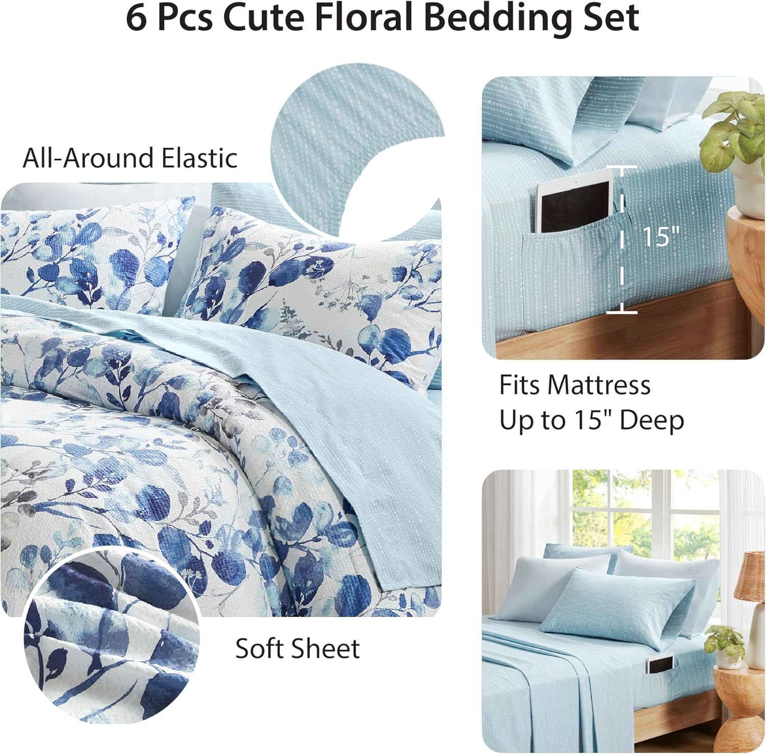 Lightweight Seersucker Botanical Comforter Set Twin Size, 6 Pieces Reversible Design Bed in A Bag Set, Premium Microfiber Bedding Set, Blue