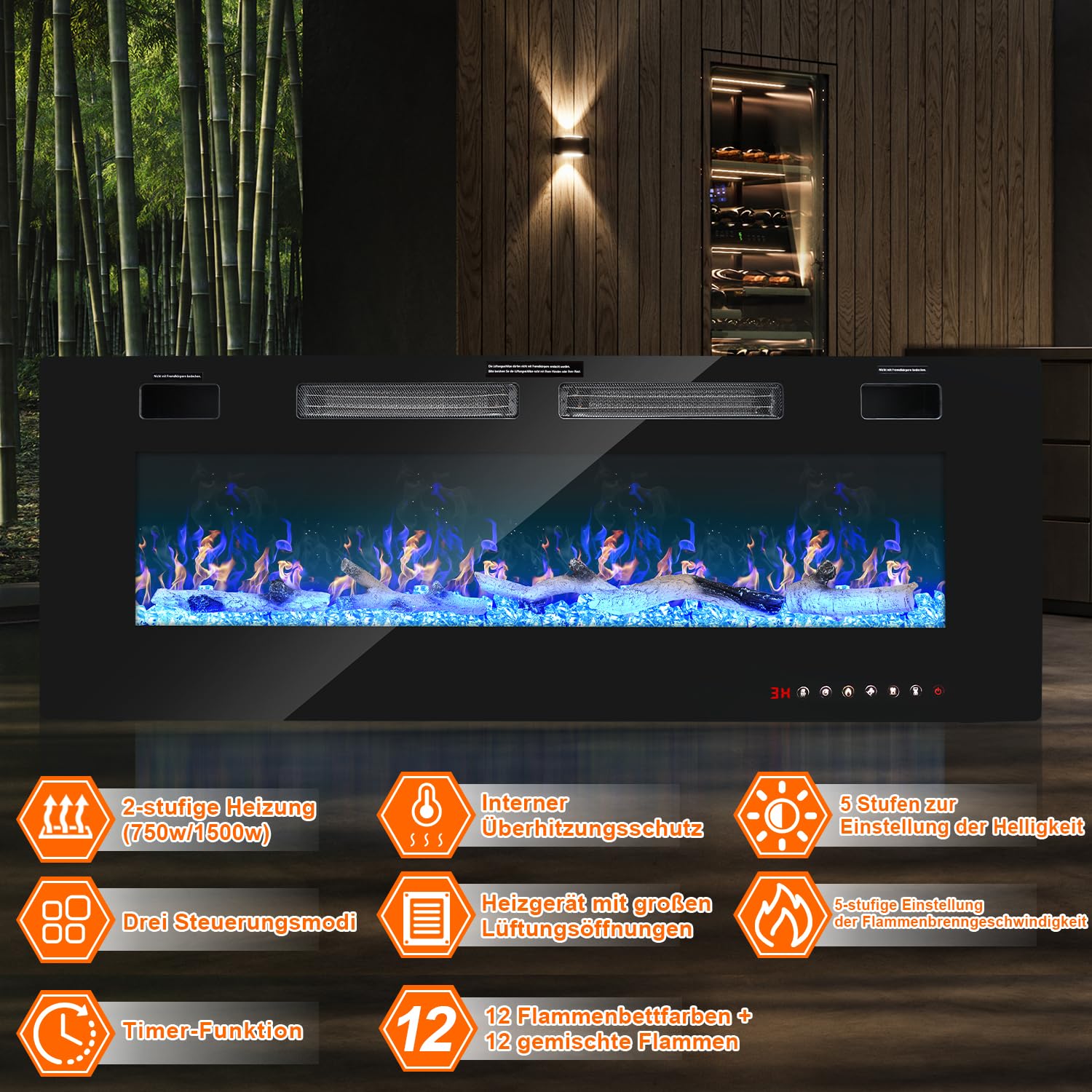 Gimisgu Cheminée électrique, Cheminée Murale électrique avec Appareil de Chauffage,12 Modes de Couleurs, Effet de Flamme LED, 750W/1500W, Télécommande, 127cm