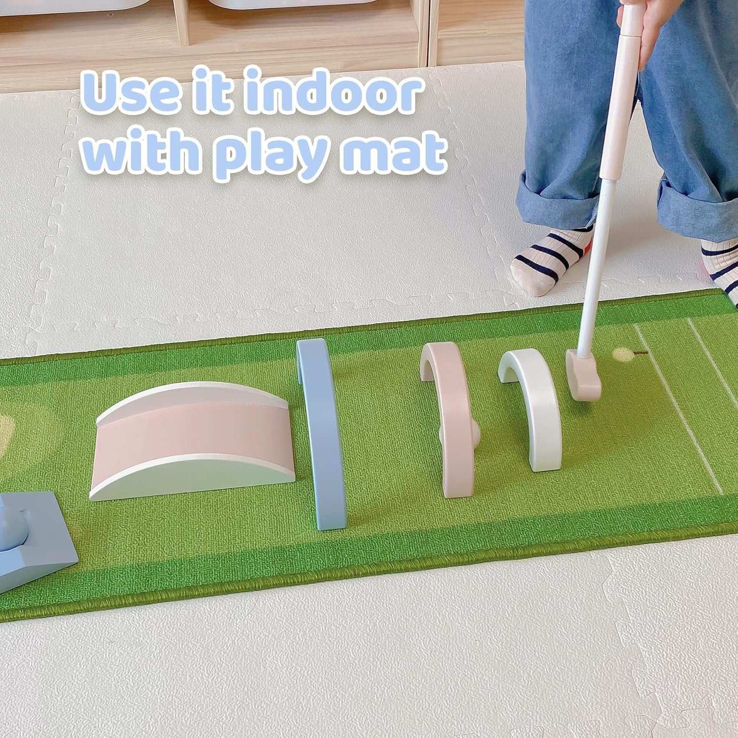 Asweets Mini zestaw golfowy z drewna dla dzieci w wieku 3-12 lat, makaronik do minigolfa, putter dla dzieci do gry w golfa, dla chłopców i dziewczynek na Boże Narodzenie, dożynki (z matą)