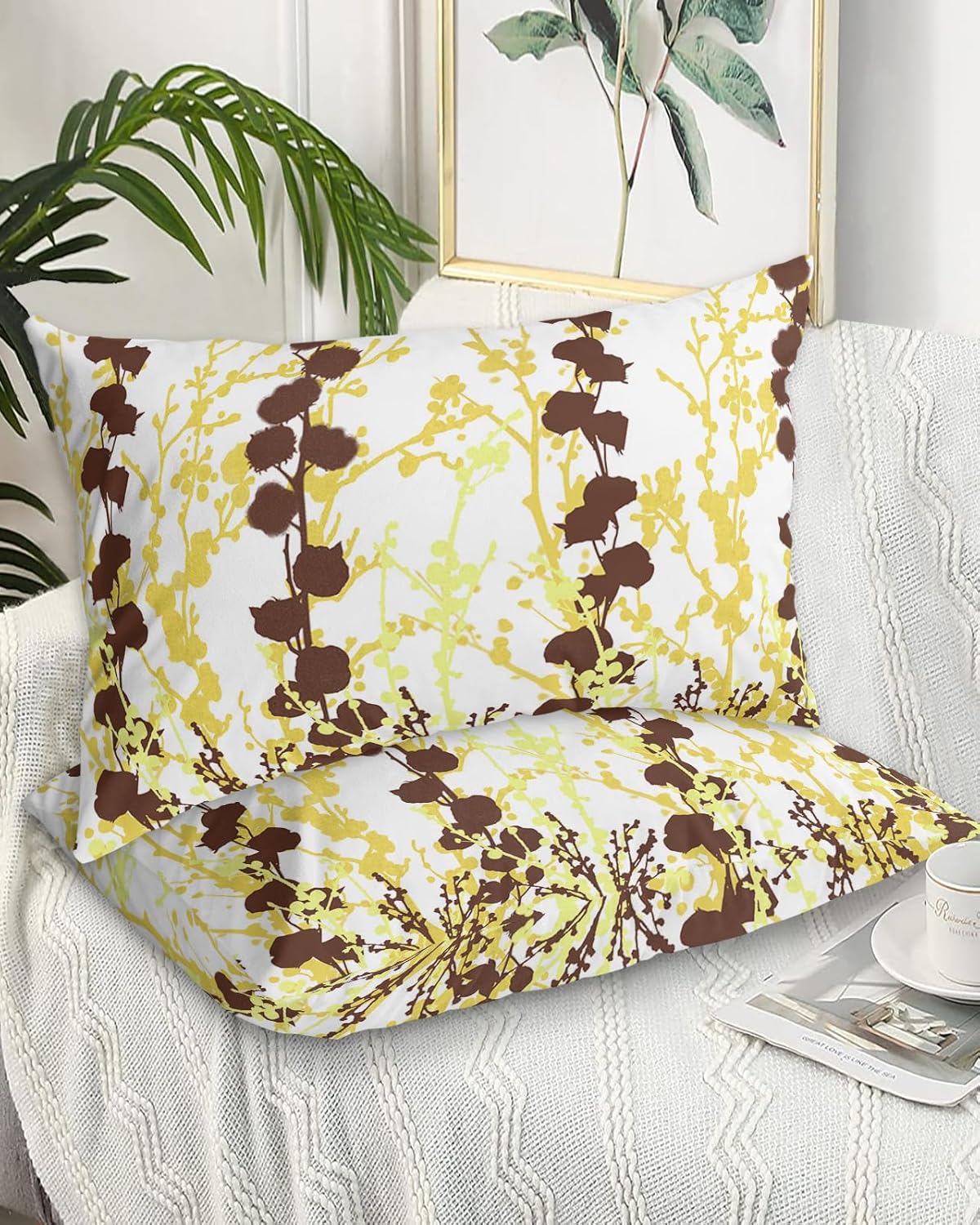 Standard Size Pillow Cases Set of 2 Yellow Brown Gray Botanical