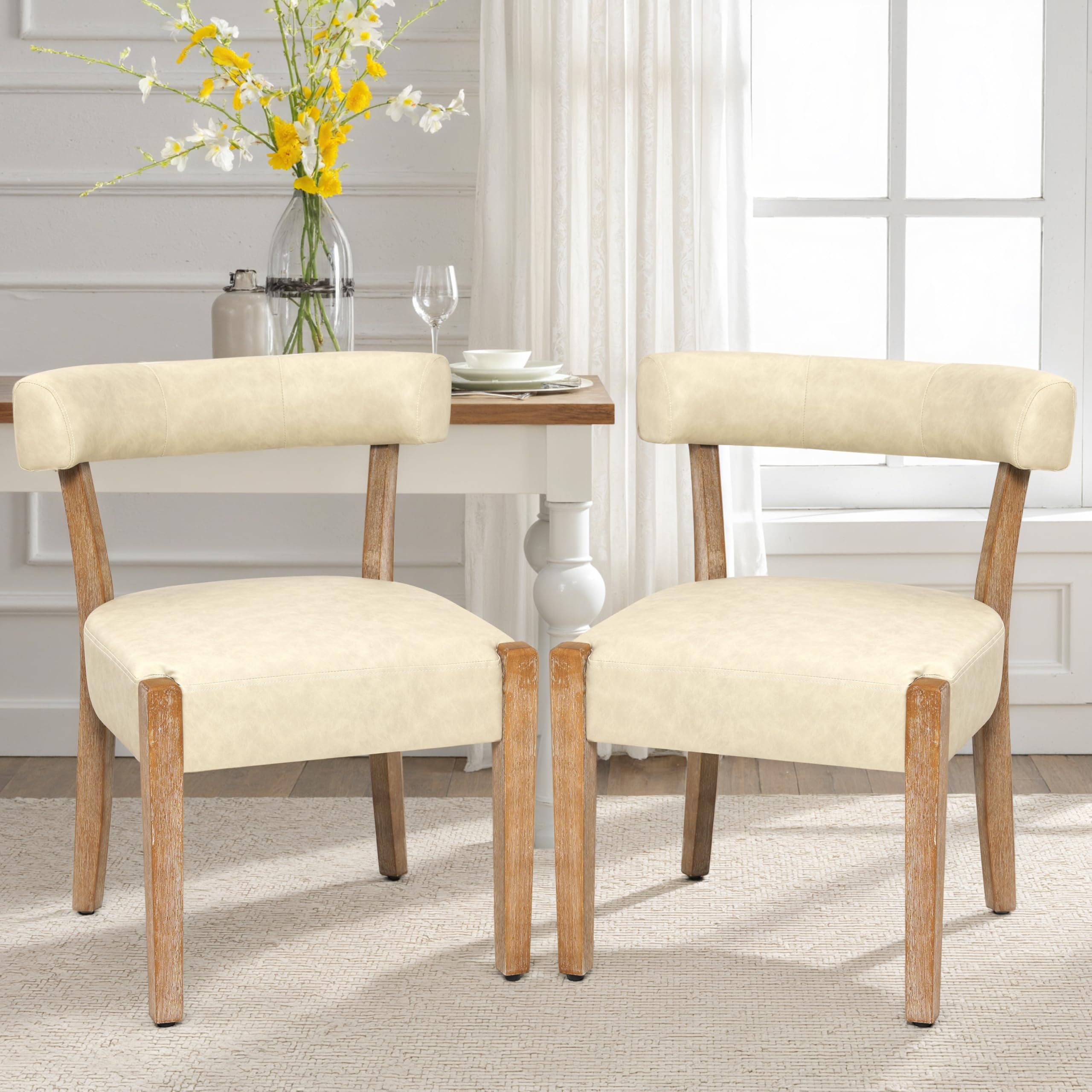 Modern Faux Leather Dining Chairs Set of 2 Upholstered Kitchen & Dining Room Chairs Wooden Mid Century Modern Chairs Low Back, Beige