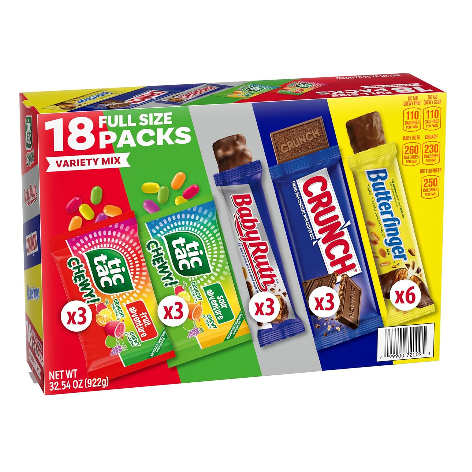 Assorted Variety Mix, Butterfinger, CRUNCH, Baby Ruth, Tic Tac Chewy!, 18 Count, Full Size, 32.54 oz Box
