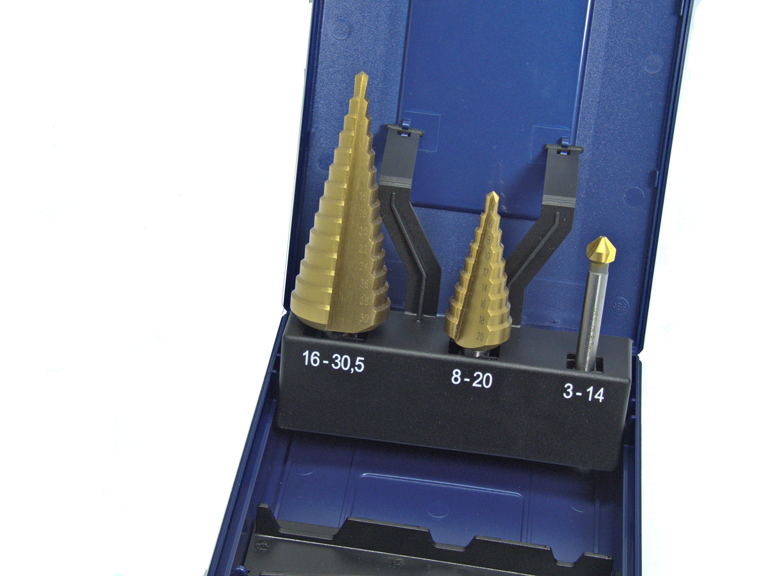 Set di 3 punte a gradini HSS-G, con rivestimento TiN, 6-30 mm + 6-20 mm, con svasatore conico da 8,3 mm, in scatola Rosebox