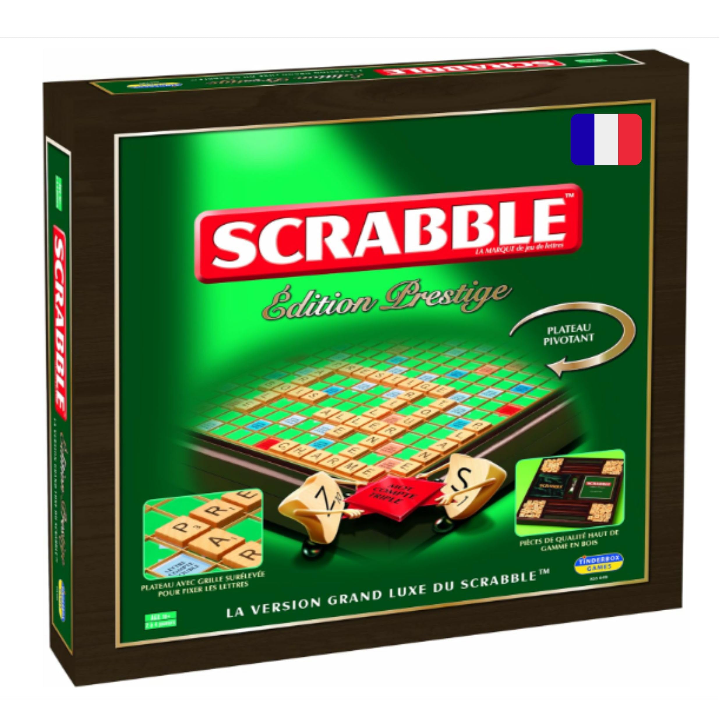 Megableu - SCRABBLE Edition Prestige - Jeu de Société pour Enfants dès 10 Ans - avec Plateau Rotatif Lettres en Bois - Boîte Finition Acajou - Jouer en Famille - 2 à 4 Joueurs - Version Française