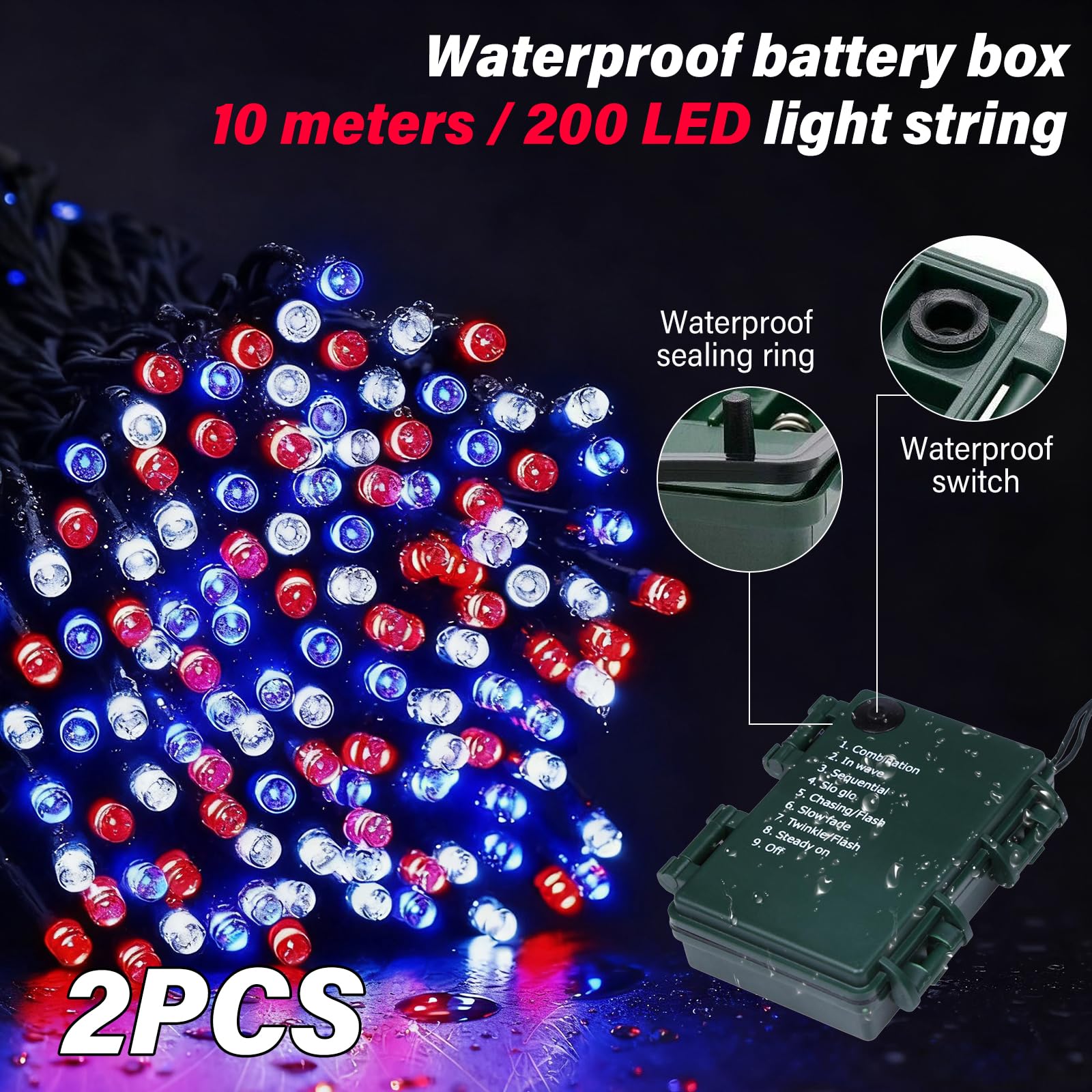 2 luci LED da 10 m, per esterni, catena di luci per albero di Natale, catena luminosa con timer a batteria, 100 LED, 8 modalità, IP67, catena luminosa per esterni e interni, ideali per Natale