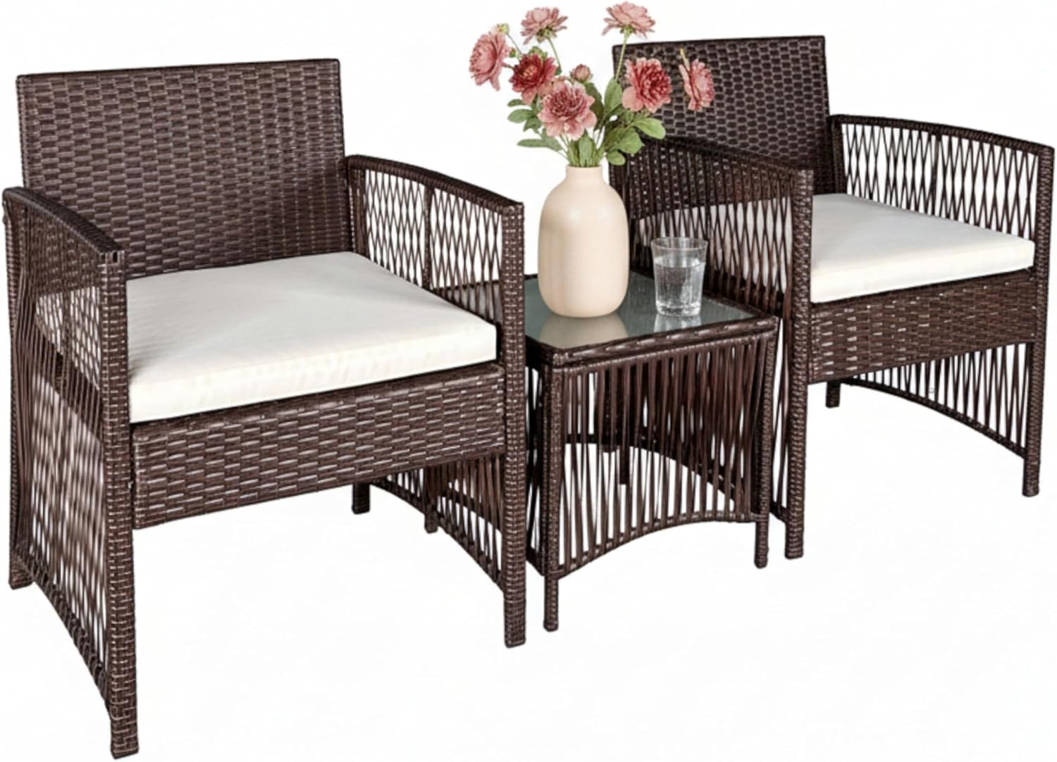 GIANGSUNNY 3 Piece Patio Furniture Set, Outdoor Hand-Woven Wicker Rattan Conversation Set with 2 Chairs and Double-Sided Tempered Glass Table, Modern Patio Seating for Balcony, Porch, Garden (Brown)