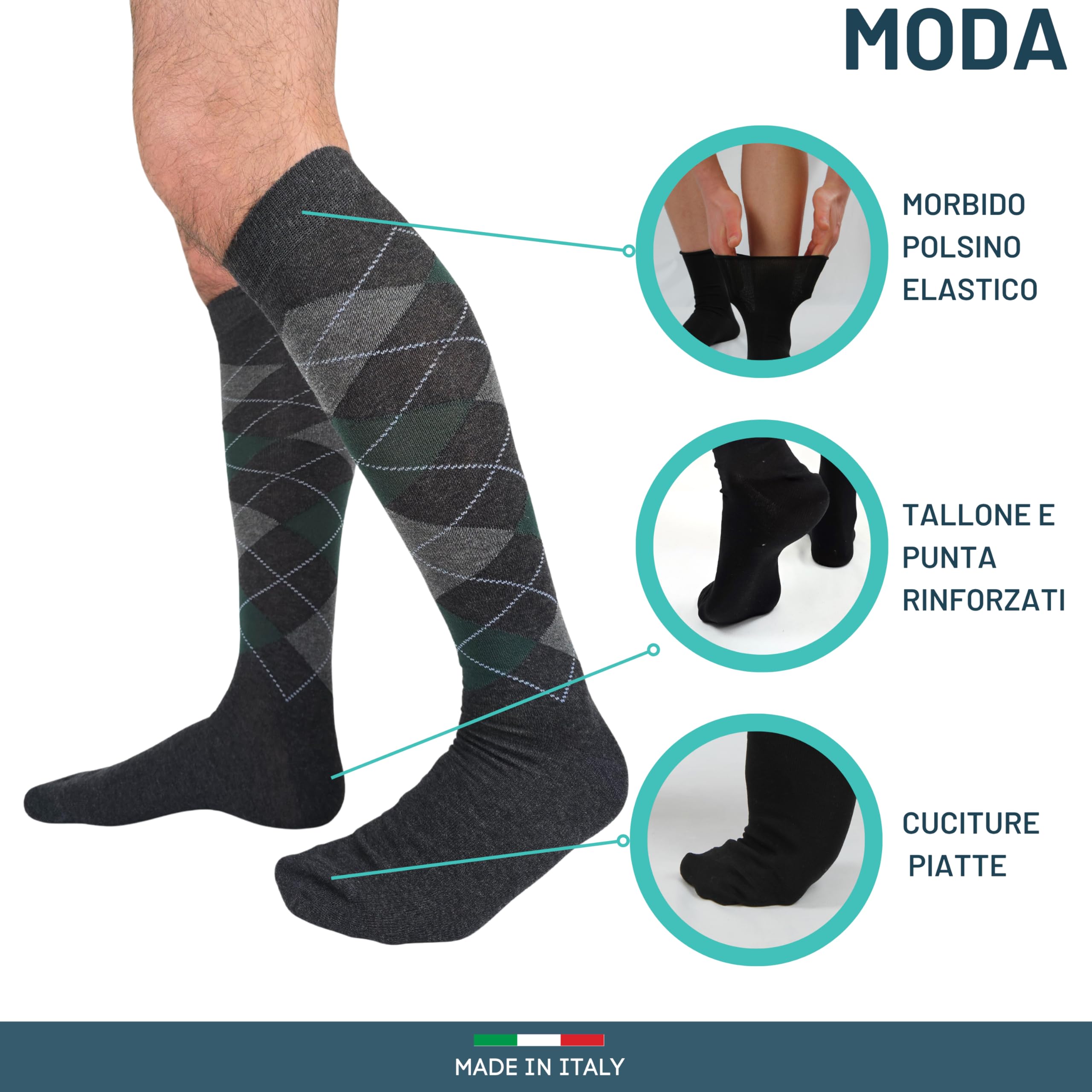 LEON D'ORO Calze Uomo Caldo Cotone Lunghe calze uomo invernali Fantasia calze Moda Made in Italy