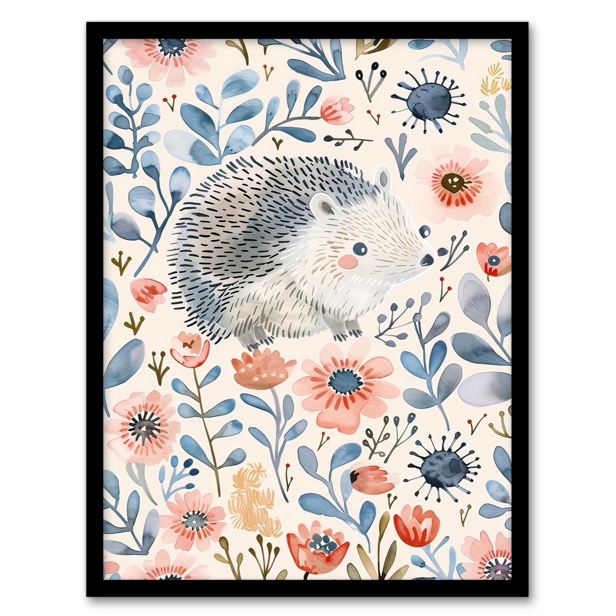 Artery8 Cute Hedgehog with Blue Pink Flowers Watercolour Kids Bedroom Nursery Artwork Framed Wall Art Print A4