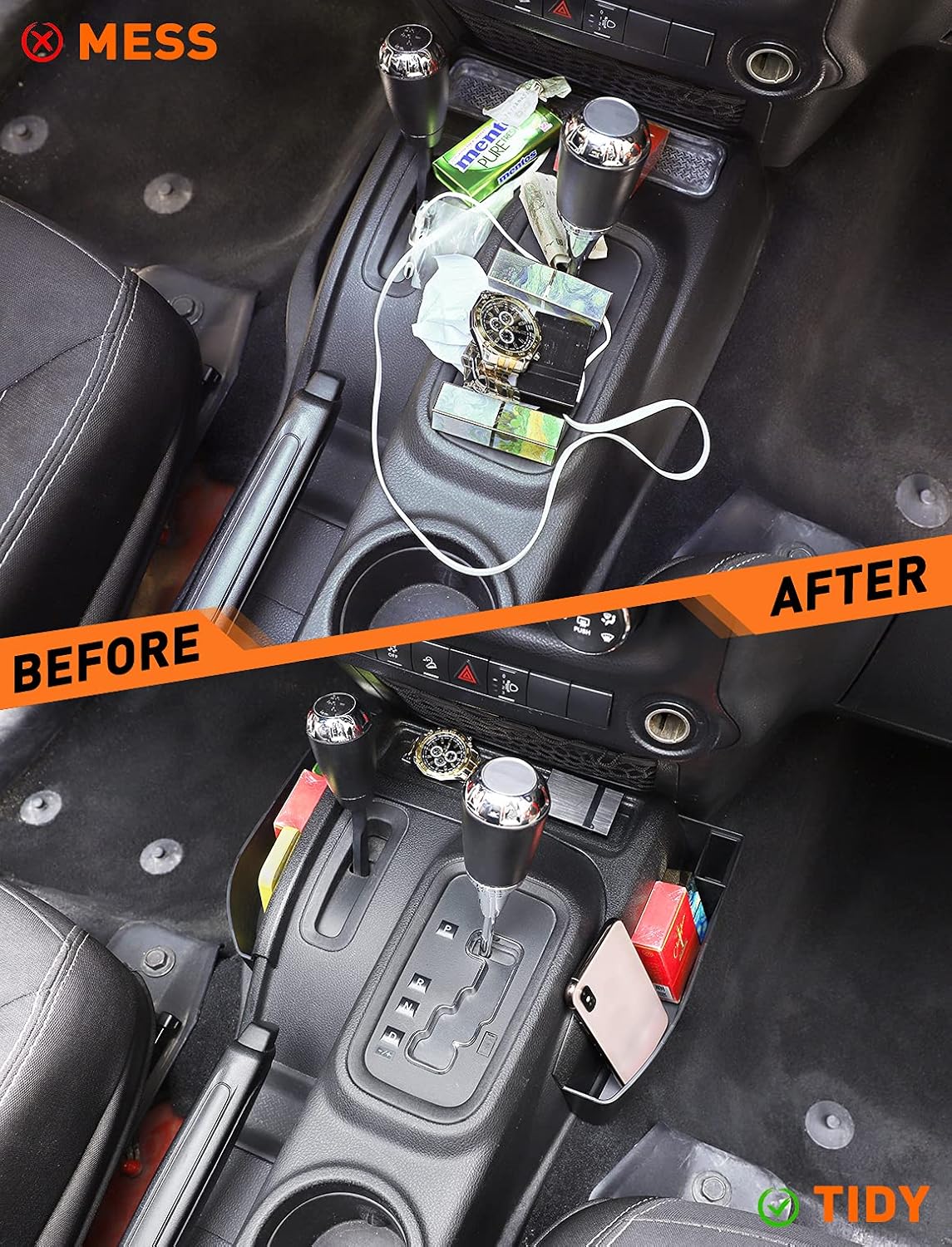 Savadicar GT-3 JK Shifter Storage Box, Gear Shift Console Side Tray Organizer for 2011-2018 Jeep Wrangler JK JKU, Reserved USB Charger Extender Slot, Interior Accessories, Black