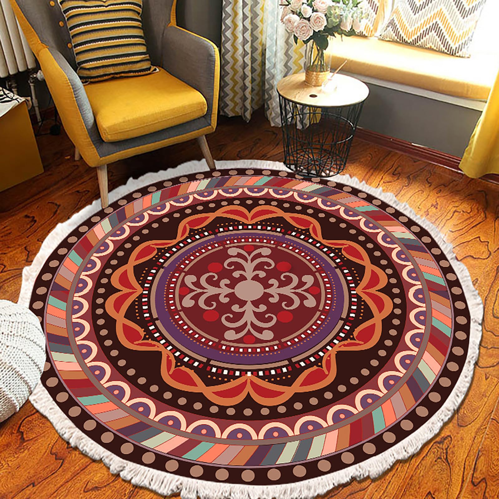 Tapis rond bohème 120cm fleuri et lavable avec pompons