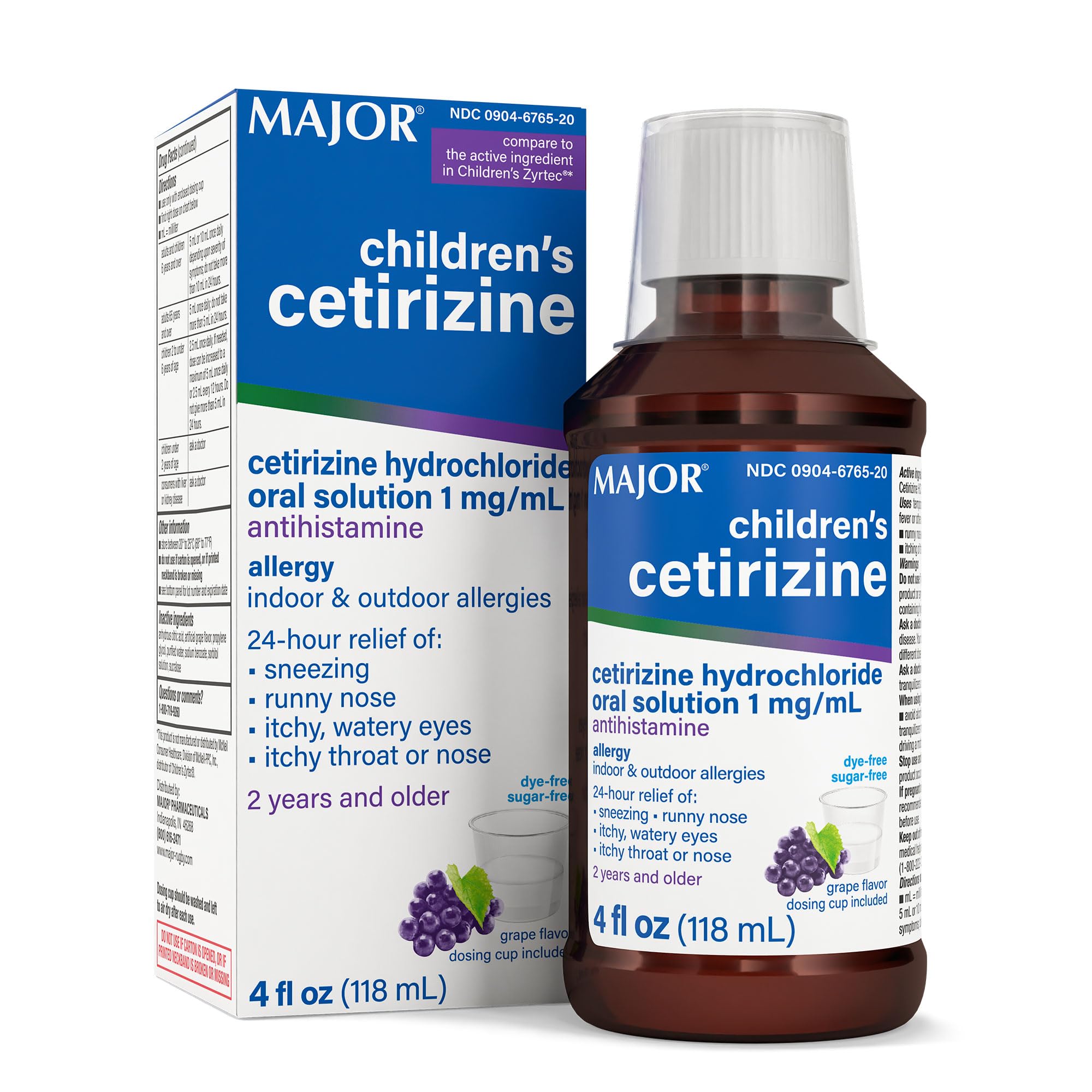 Major Children's Cetirizine 5 mg Antihistamine, Grape-Flavored Allergy Relief Liquid for Sneezing, Runny Nose, Itchy Watery Eyes & Itchy Throat, 24-Hour Indoor & Outdoor Relief - 4 Fl Oz (1 Pack)